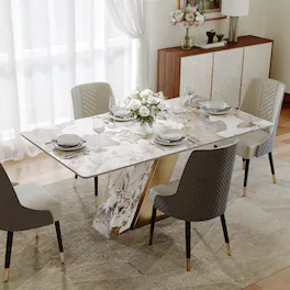 POVISON - 63"Modern Luxury Glossy Gold Sintered Stone Rectangular Dining Table for 4, White & Gold Z-shaped Stainless Steel Base - Pandora & Gold