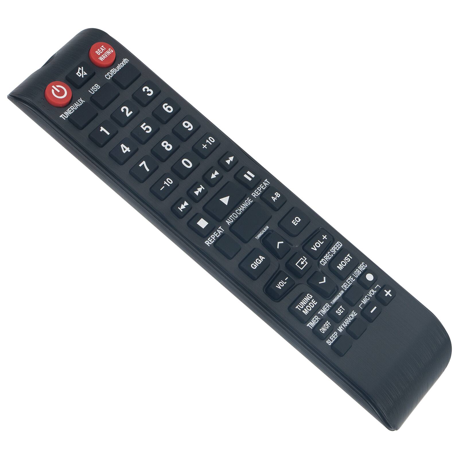 BEAT WAVING  
CD/Bluetooth USB  
3 TUNER/AUX  
2 6 1 5 9 8 10 4 + 0  7  
V = 10 I  
REPEAT A-B I CHANGE AUTO EQ REPEAT  
TUNINGALION + < VOL GIGA  
CDRECSPEED MO/ST USBREC VOL- DELETE  
TUNNGALBUM VOL + TUNING MODE FMIC I TIMER SET TIMER ONOFF MYKARAOKE SLEEP