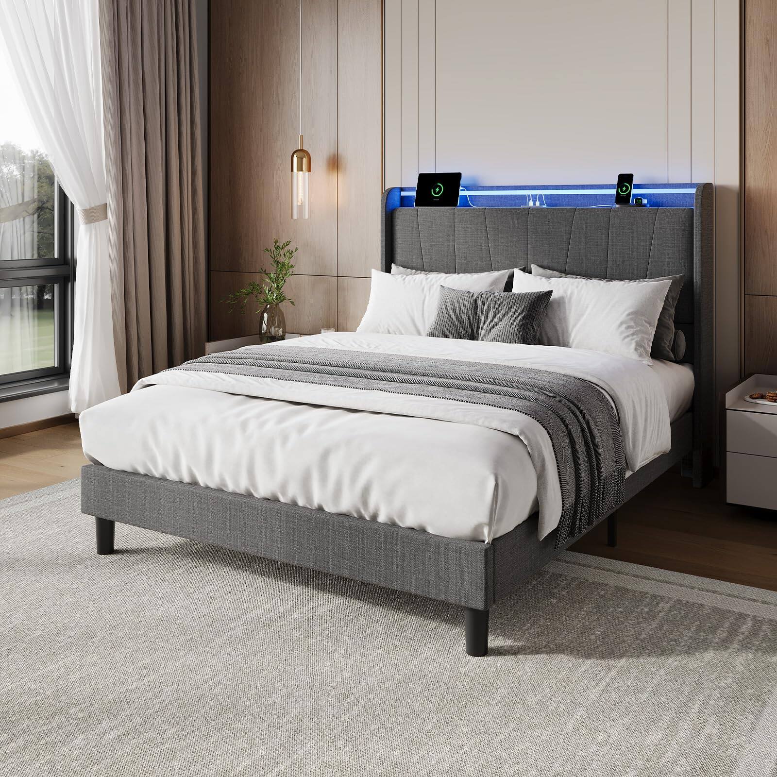 Front. Homhougo - Queen Size Bed Frame with Charging Station and LED Lights, Modern Platform Bed with Slats - Gray.
