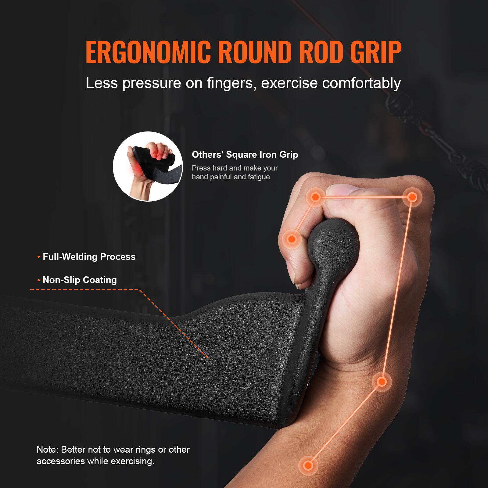 ERGONOMIC ROUND ROD GRIP  
Less pressure on fingers, exercise comfortably  

Others' Square Iron Grip  
Press hard and make your hand painful and fatigue  

Full-Welding Process  
Non-Slip Coating  

Note: Better not to wear rings or other accessories while exercising.
