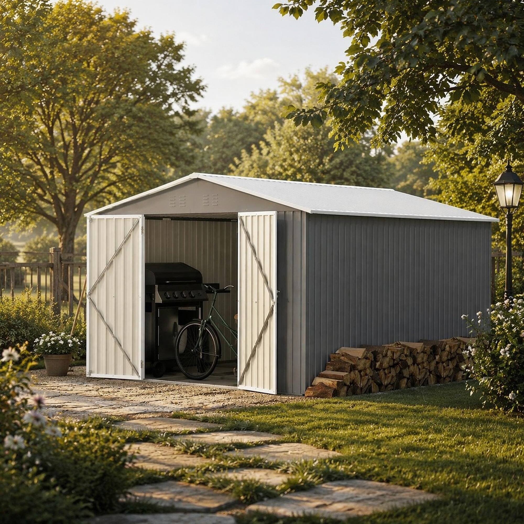 Left. RYHNUYNE - 10x12 ft Galvanized Steel Shed Floor Frame Double Doors Sloped Roof Gray Garden - Gray.