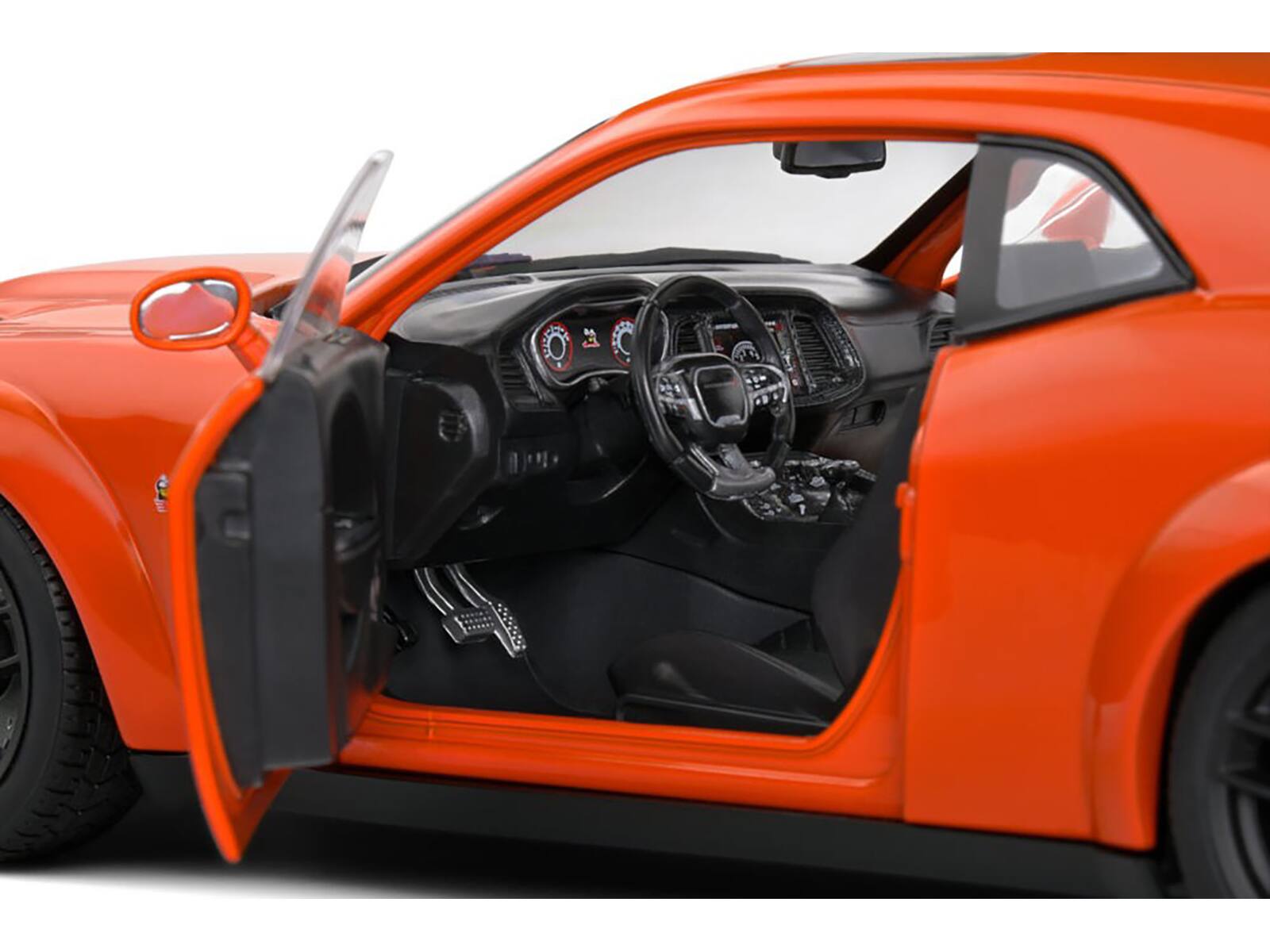 Left. Solido - 2023 Dodge Challenger R/T Scat Pack Widebody #01 "Hazzard Tribute" Orange 1/18 Diecast Model Car by Solido - Orange.