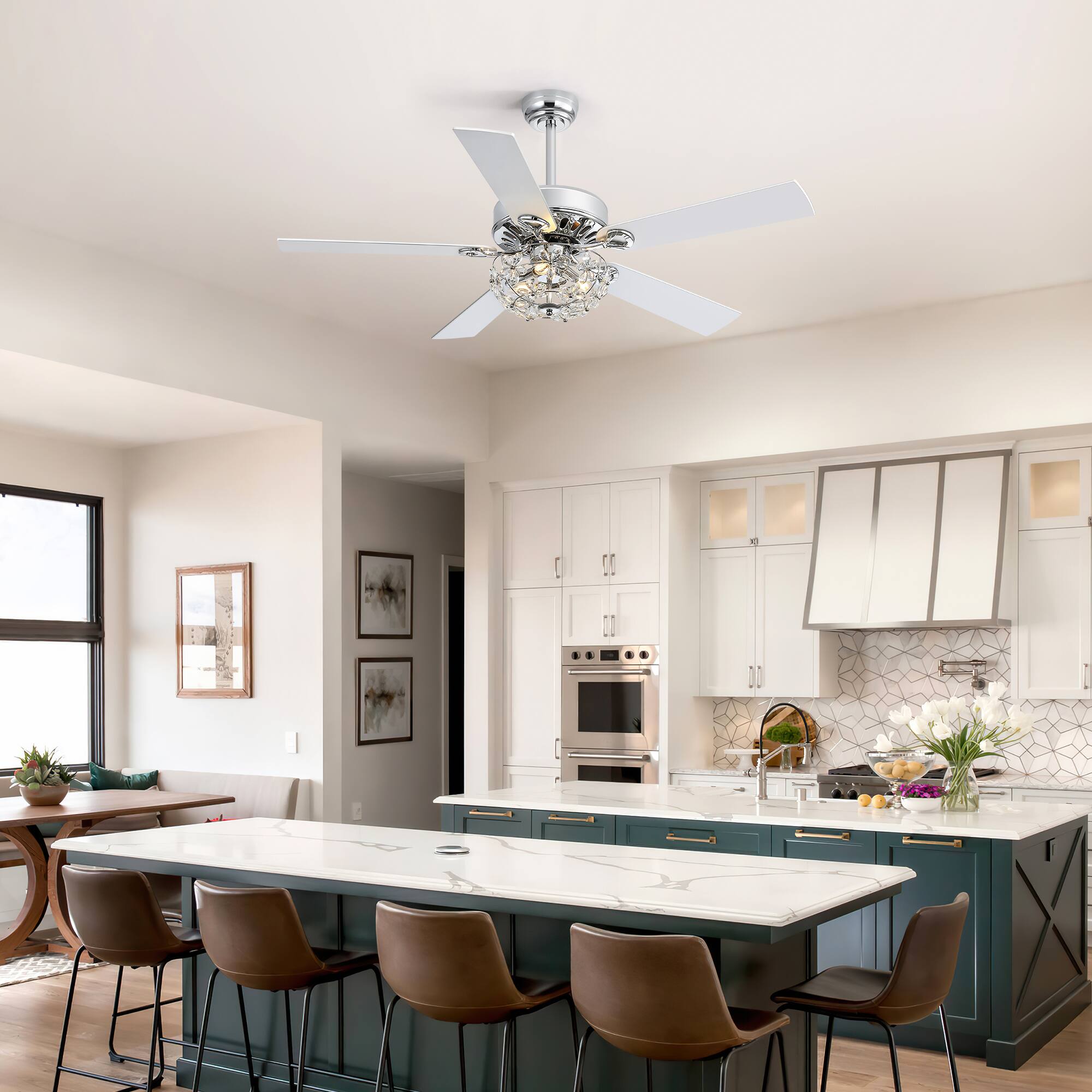 Back. Breezary - 52-Inch Crystal Chandelier Ceiling Fan with 5 Reversible Blades, 6-Speed Remote, Timer, 5"/10" Downrod Mount - chrome and silver.