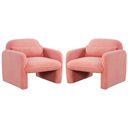 Front. Gymax - Gymax 2PCS Modern Accent Chair Sherpa Fabric Upholstered Armchair w/ Waist Pillow Pink - Pink.