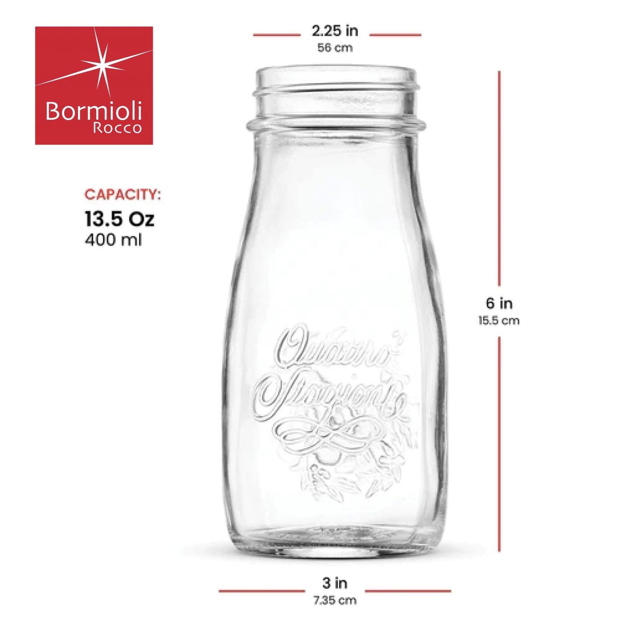 2.25 in 56 cm  
Bormioli Rocco  
CAPACITY: 13.5 Oz 400 ml  
6 in 15.5 cm  
3 in 7.35 cm