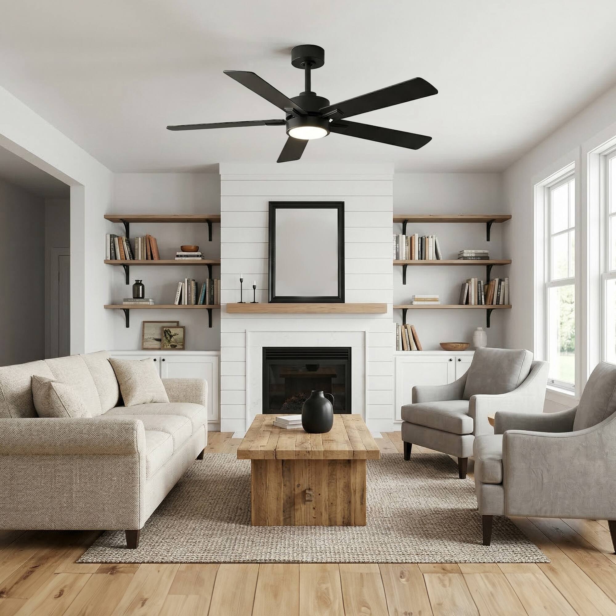 Left. Breezary - 52-inch Modern Indoor Ceiling Fan with LED Light, 5 Plywood Blades, 6-Speed DC Motor, APP&Remote, Timer, 5" Downrod - 52-inch Matte Black.