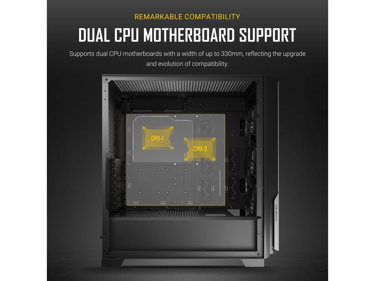 REMARKABLE COMPATIBILITY  
DUAL CPU MOTHERBOARD SUPPORT  
Supports dual CPU motherboards with a width of up to 330mm, reflecting the upgrade and evolution of compatibility.  
CPU-1  
CPU-2