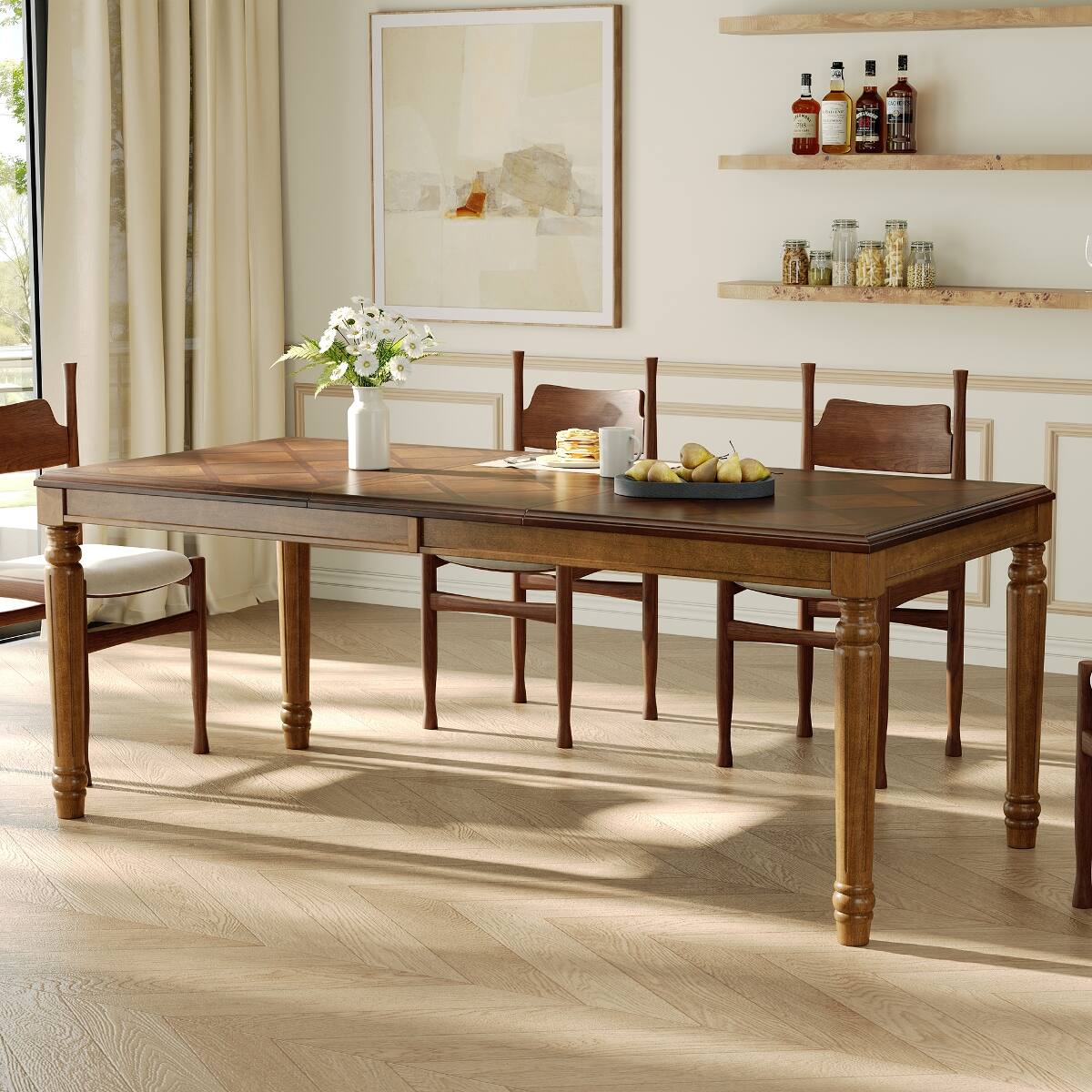 Front. Loheer - Loheer Traditional Rectangular Dining Table Walnut Diamond Parquet Top 78.7 Inch - Walnut.