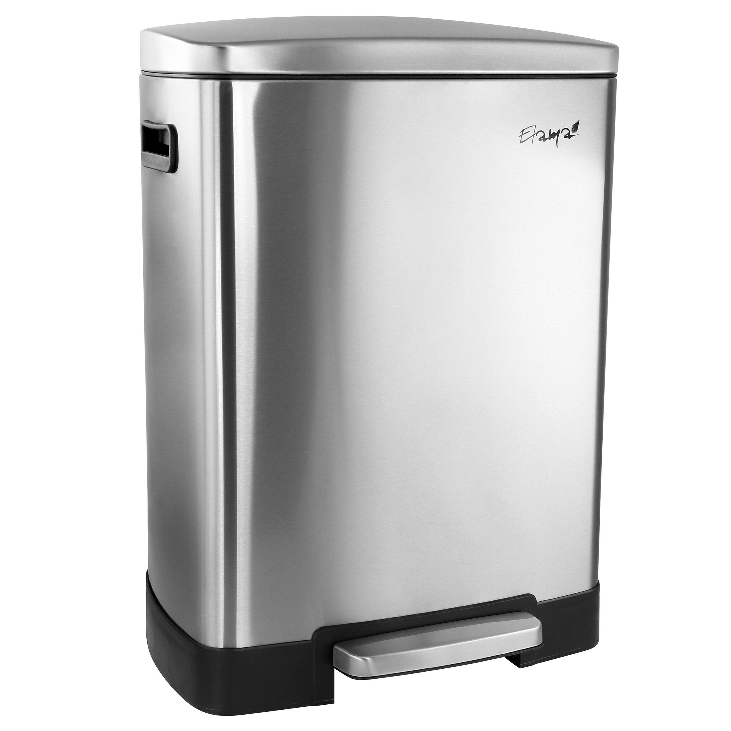 Front. Elama - Elama 2 Compartment Large 10.6 Gallon Split Stainless Steel Step Trash Bin with Slow Close Mechanism - Silver.