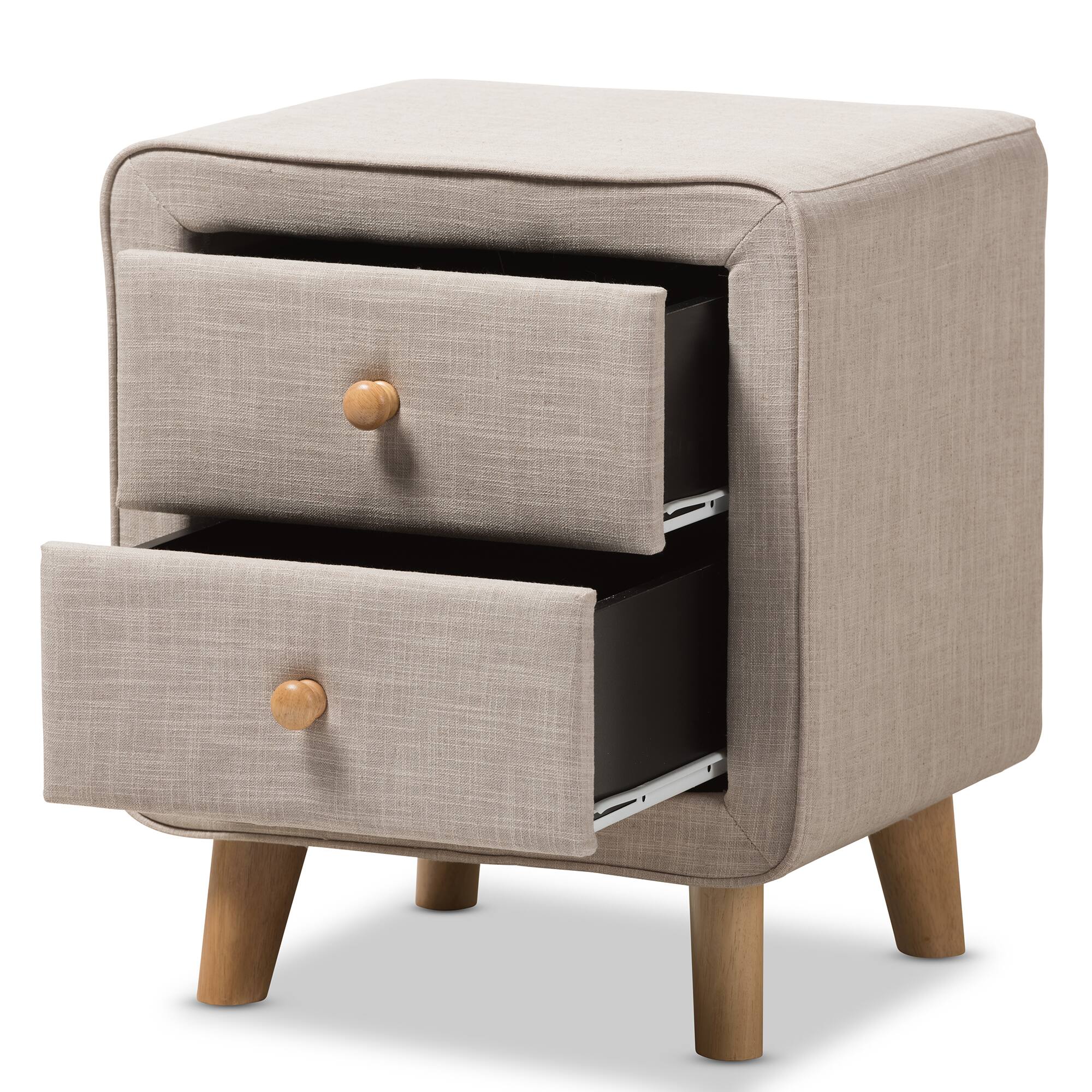 Back. Baxton Studio - Jonesy Mid-Century Linen Upholstered 2-Drawer Nightstand - Beige.