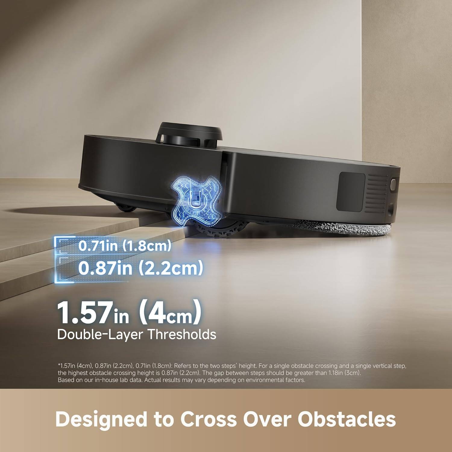 0.71in (1.8cm)  
0.87in (2.2cm)  
1.57in (4cm)  

Double-Layer Thresholds  
*1.57in (4cm), 0.87in (2.2cm), 0.71in (1.8cm): Refers to the two steps' height. For a single obstacle crossing and a single vertical step, the highest obstacle crossing height is 0.87in (2.2cm). The gap between steps should be greater than 1.18in (3cm). Based on our in-house lab data. Actual results may vary depending on environmental factors.  

Designed to Cross Over Obstacles