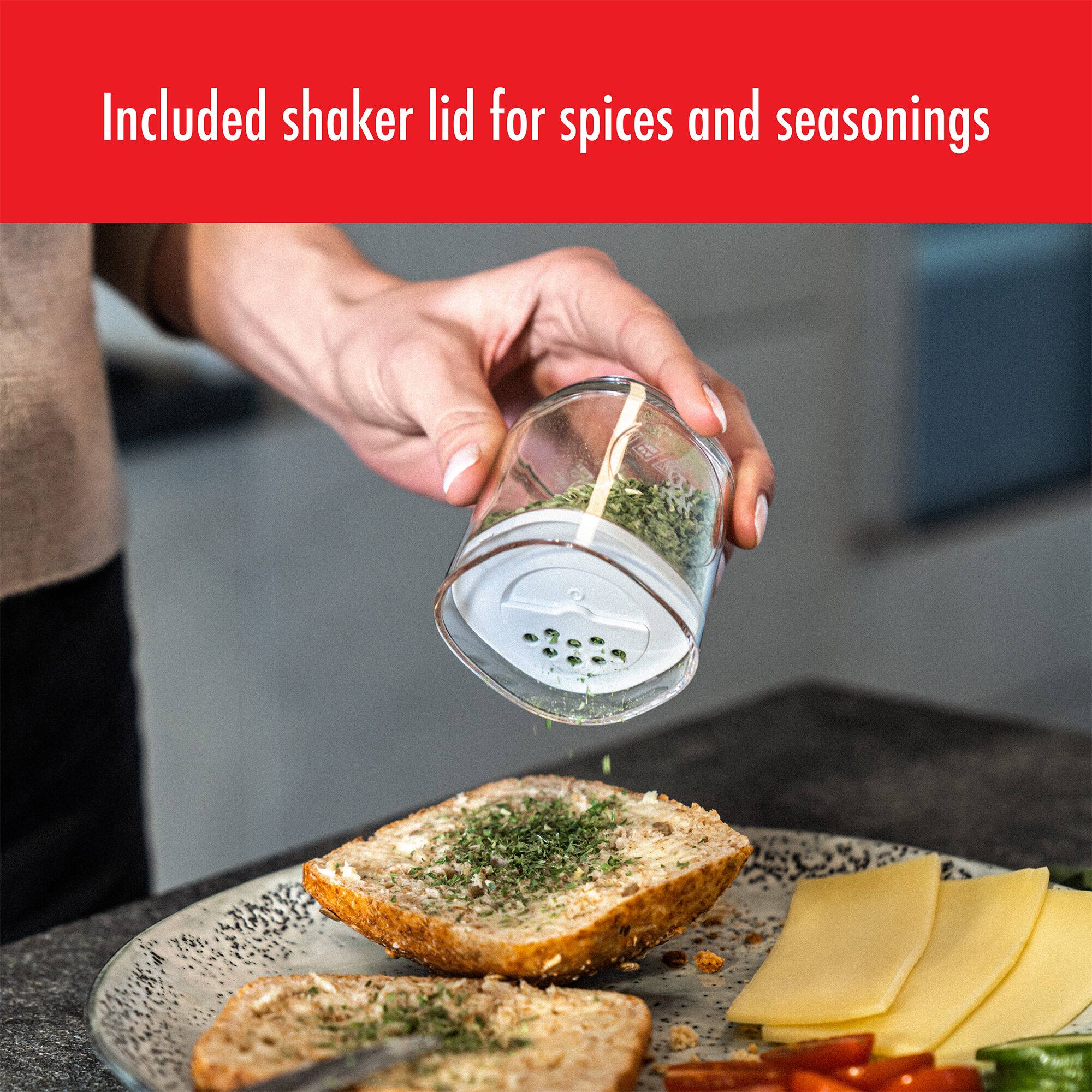 Included shaker lid for spices and seasonings
