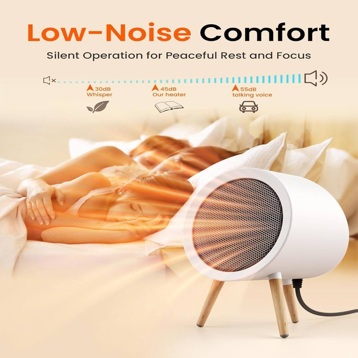 Low-Noise Comfort  
Silent Operation for Peaceful Rest and Focus  

30dB Whisper  
45dB Our heater  
55dB talking voice