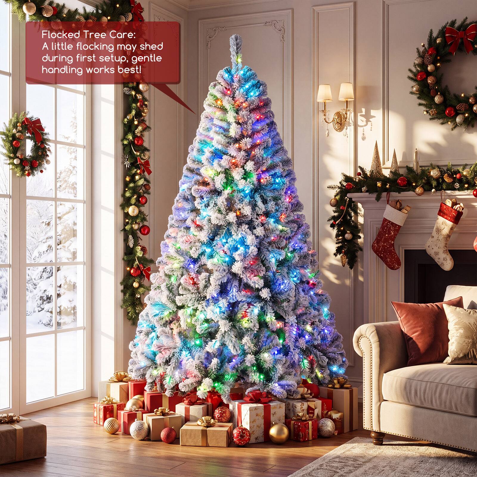 Flocked Tree Care: A little flocking may shed during first setup, gentle handling works best!