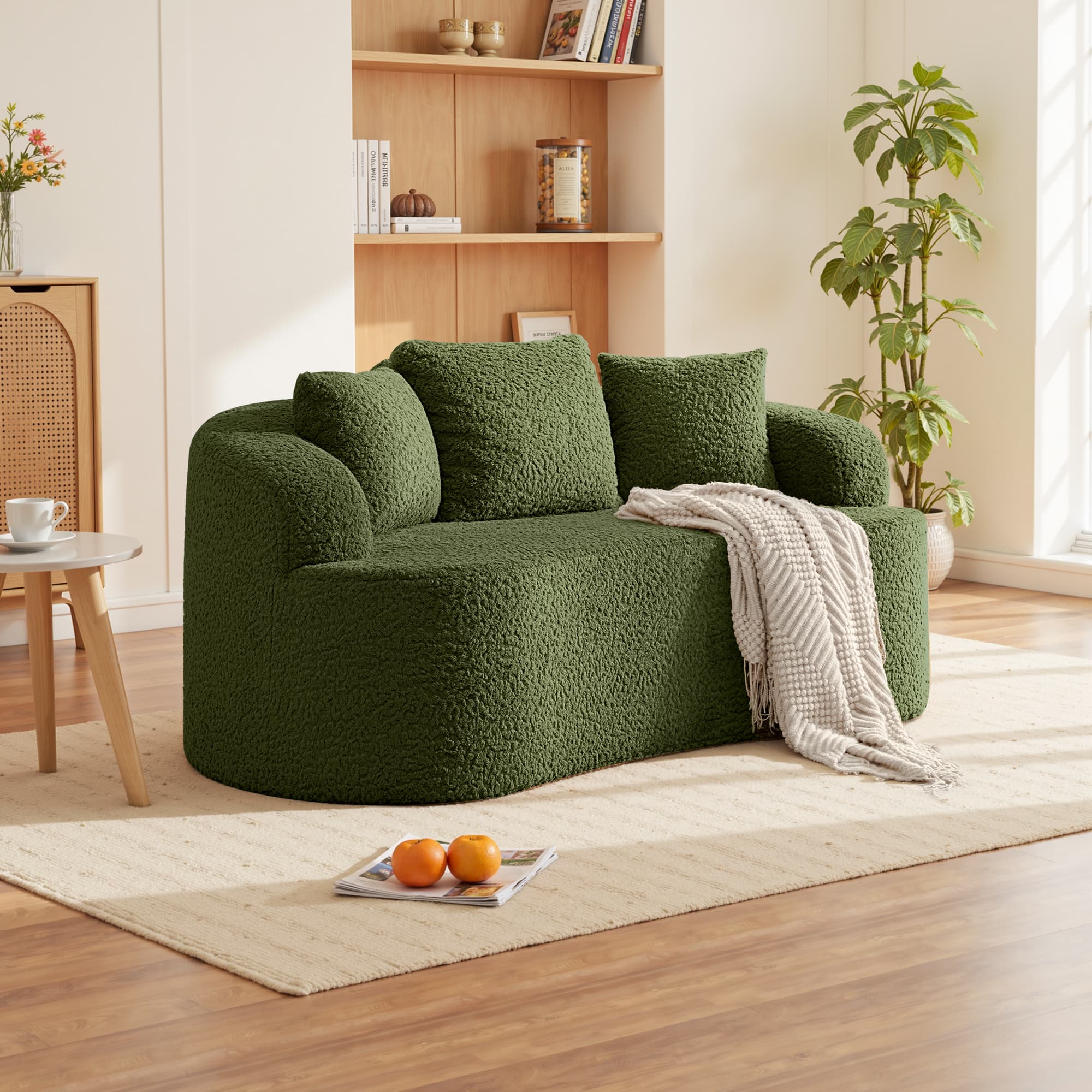 KERDOM - 65" Boucle Curved Loveseat Sofa with Pillows for Living Room, Apartment, Small Space, Teddy Plush Floor Couch No Install - Green