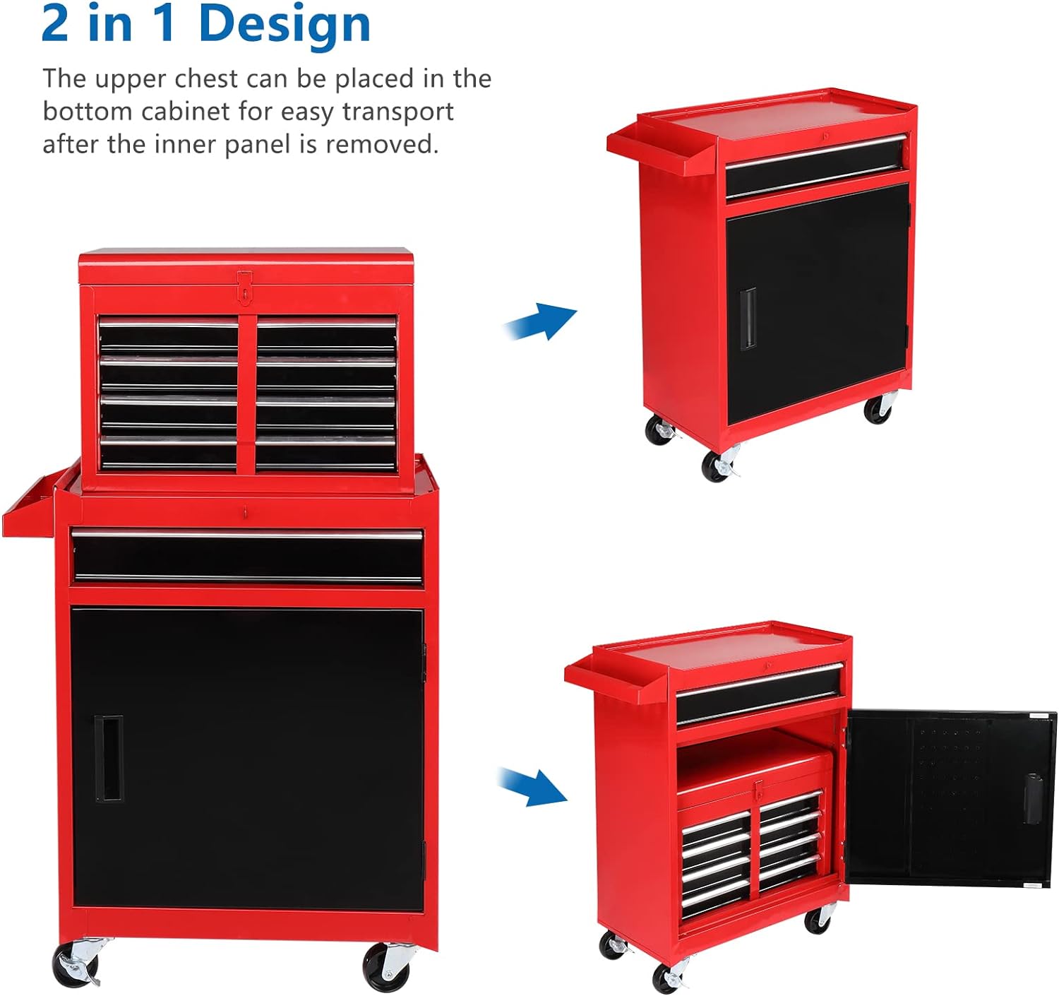 2 in 1 Design

The upper chest can be placed in the bottom cabinet for easy transport after the inner panel is removed.