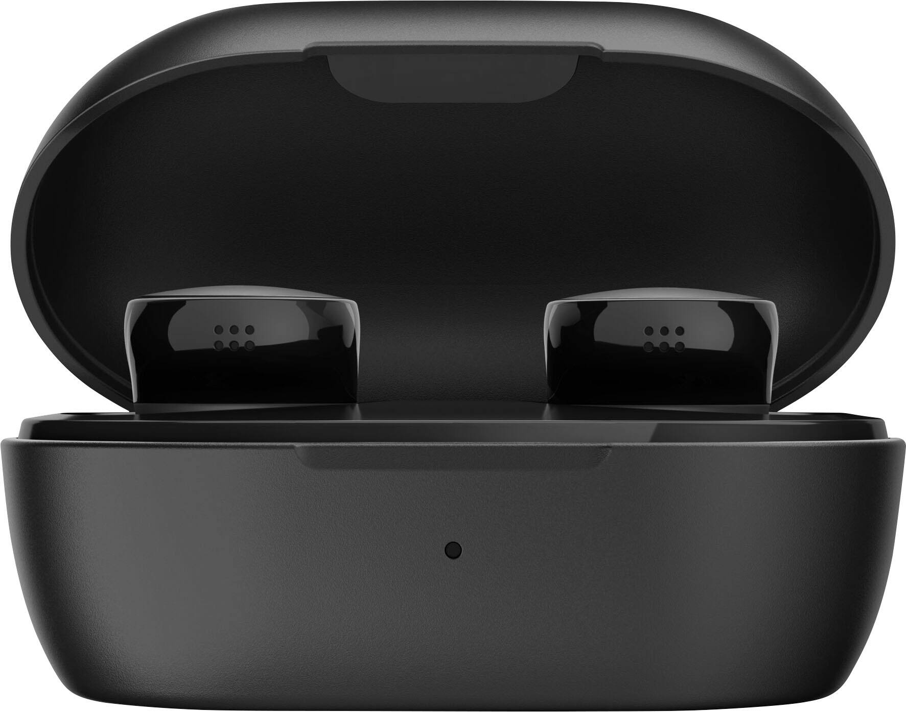 The image features a black case with two earbuds inside. The case is open, revealing the earbuds, which are placed in a holder. The earbuds are positioned in such a way that they are easily accessible and ready for use.