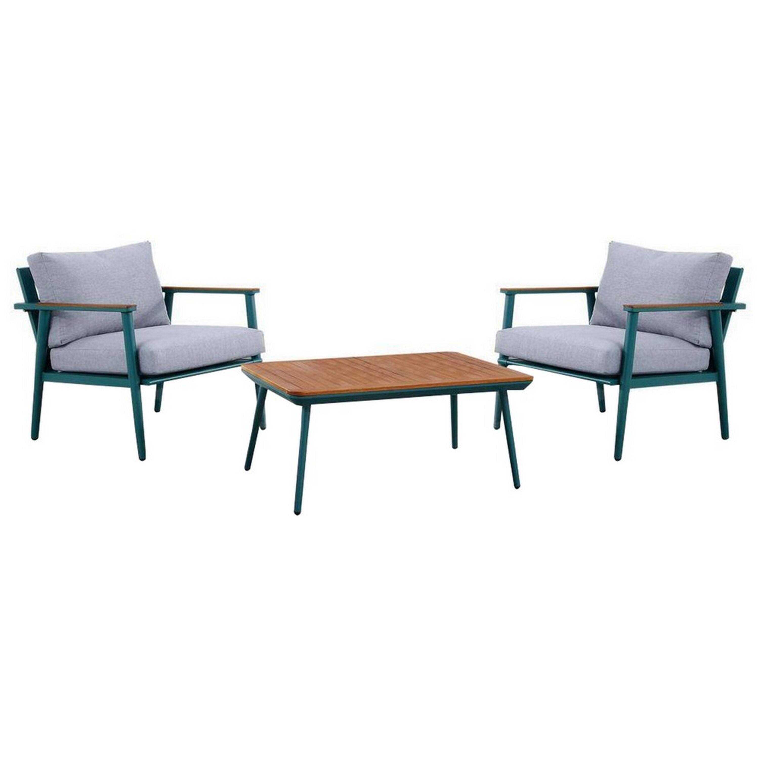 Front. Manhattan Lane - 3 Piece Outdoor Coffee Table and Chairs Set, Wood Planks, Gray, Green - Gray, Green, Brown.