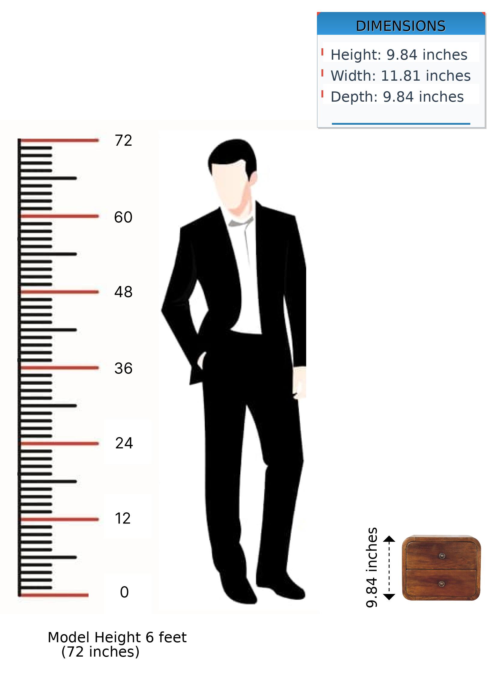 DIMENSIONS  
Height: 9.84 inches  
Width: 11.81 inches  
Depth: 9.84 inches  

72  
60  
48  
36  
24  
12  
0 inches  

Model Height 6 feet (72 inches)