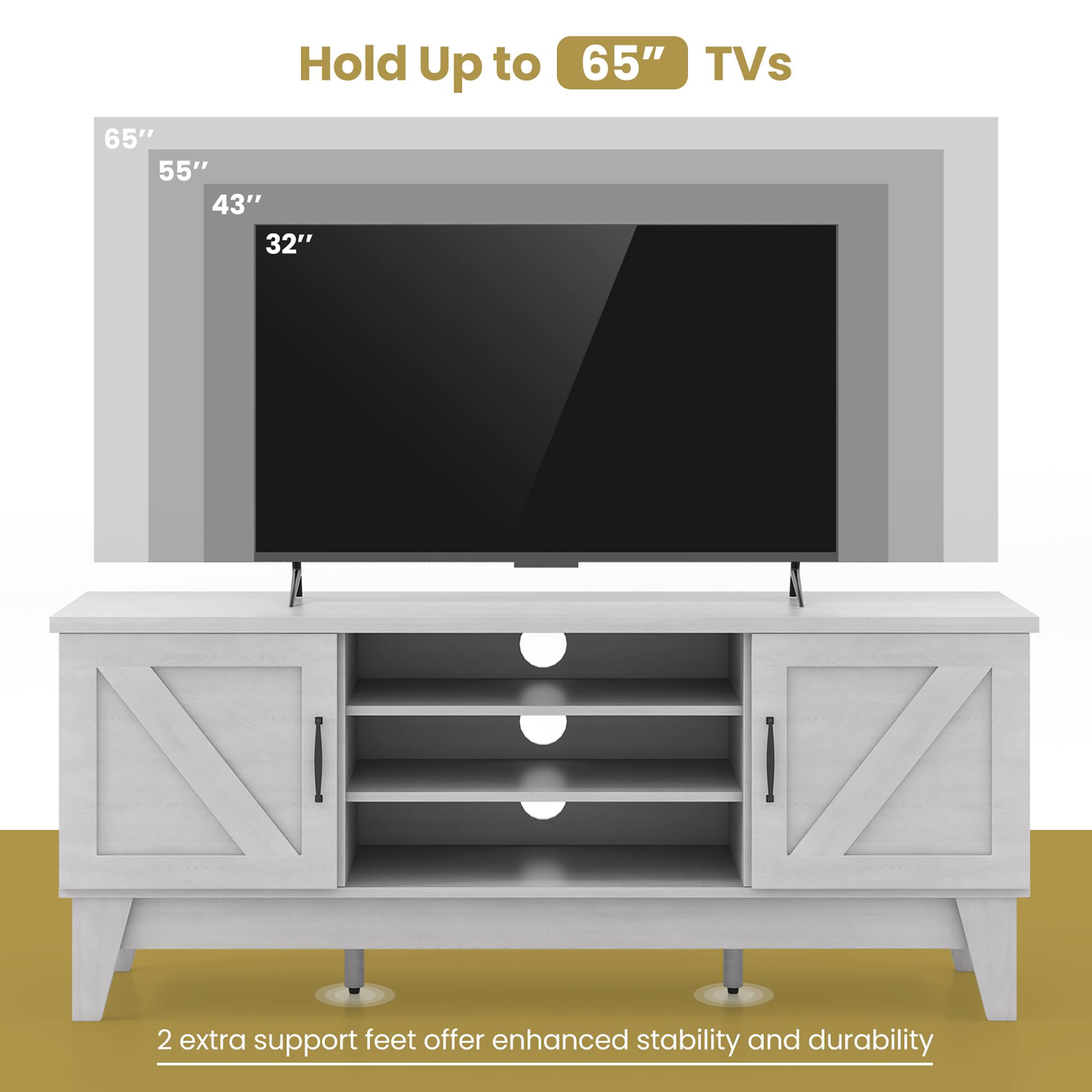 Hold Up to 65" TVs, 55", 43", 32", 2 extra support feet offer enhanced stability and durability