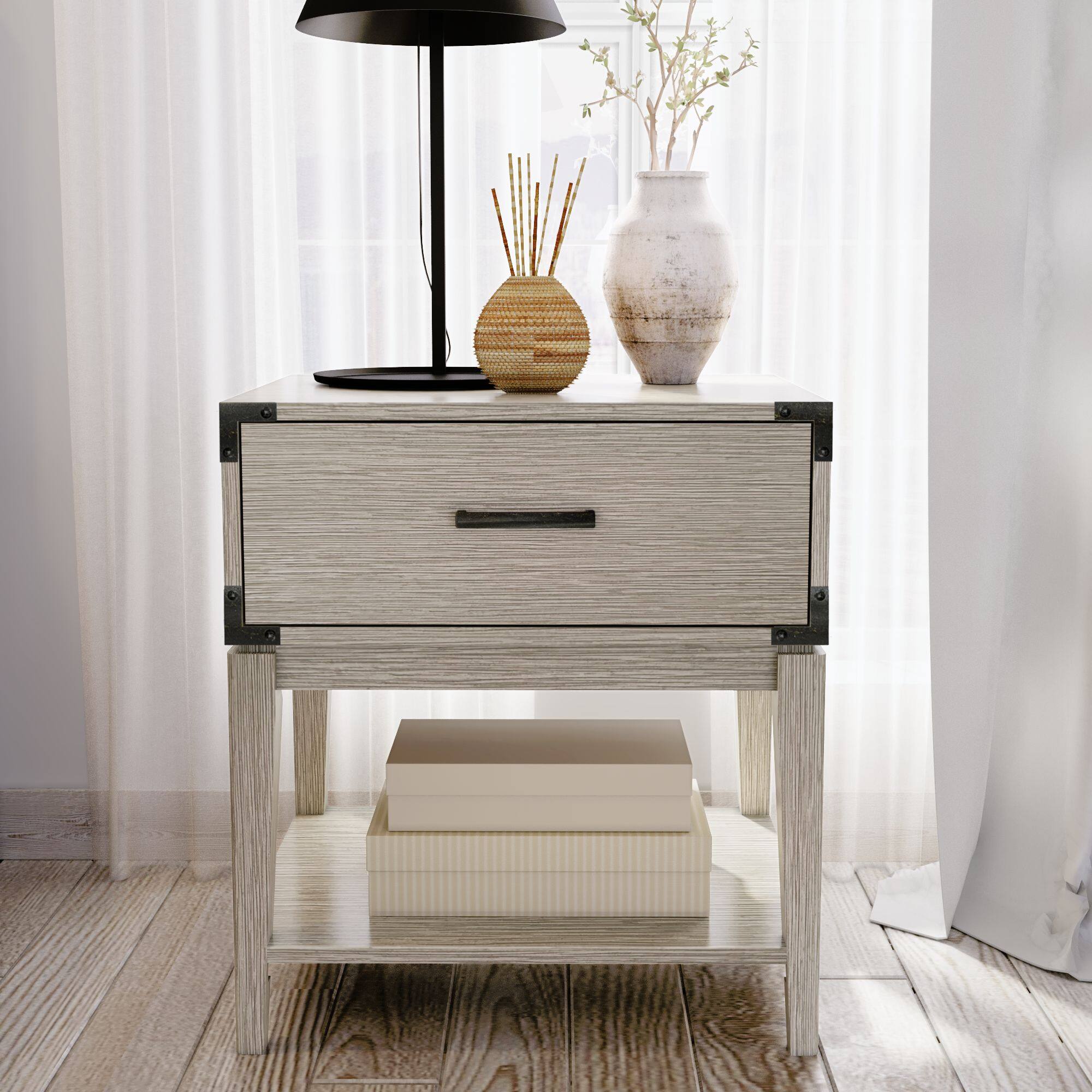 Alt View 6. Plank+Beam - Contempo Nightstand with 1 Drawer, Seashell Wirebrush - Seashell Wirebrush.