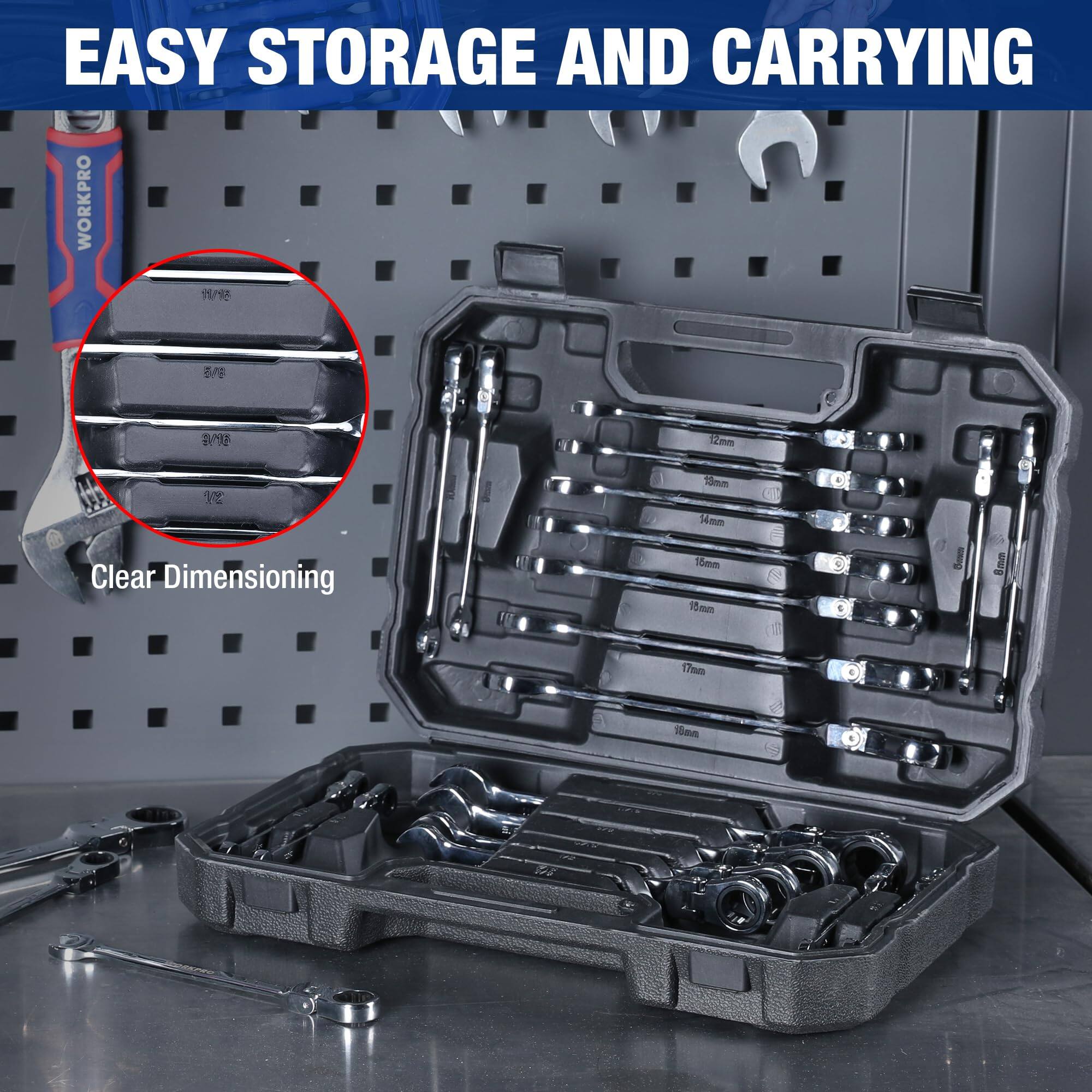 EASY STORAGE AND CARRYING

Clear Dimensioning

WORKPRO

1/4" 8
3/8" 10
1/2" 12
9/16" 14
5/8" 16
3/4" 17
1" 22