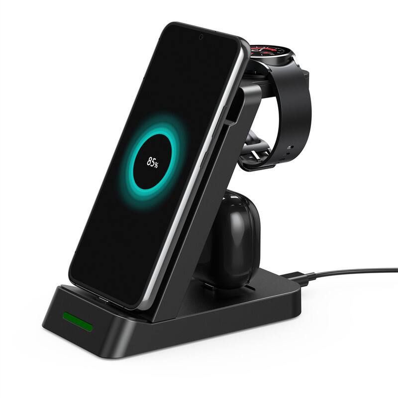 Angle. RISOKEYS - 3-in-1 Charging Dock - Vertical Desktop Charger for Phones, Watchesand Earphones,  Power Adapter for Samsung - Black.