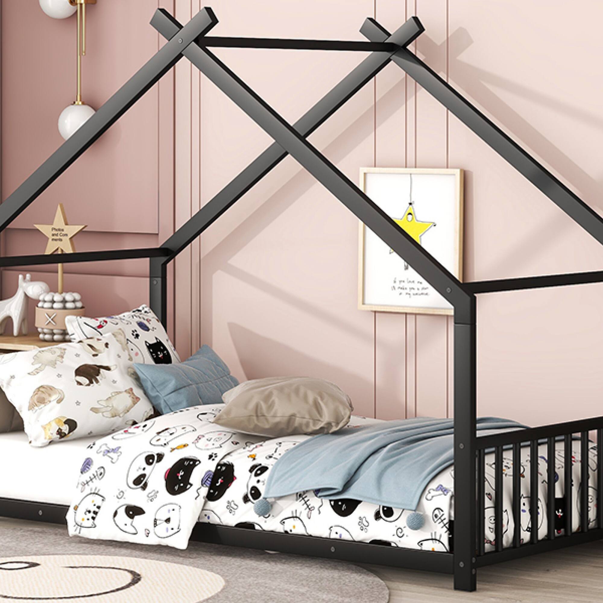 Alt View 6. GOODSILO - Twin Size Metal House Frame Bed with Playful Roof Design for Children's Bedroom and Play Area - Black.