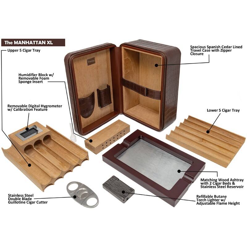 The MANHATTAN XL Upper 5 Cigar Tray Spacious Spanish Cedar Lined Travel Case with Zipper Closure Humidifier Block w/ Removable Foam Sponge Insert Removable Digital Hygrometer w/ Calibration Feature Lower 5 Cigar Tray Matching Wood Ashtray with 2 Cigar Beds & Stainless Steel Reservoir Stainless Steel Double Blade Guillotine Cigar Cutter Refillable Butane Torch Lighter w/ Adjustable Flame Height