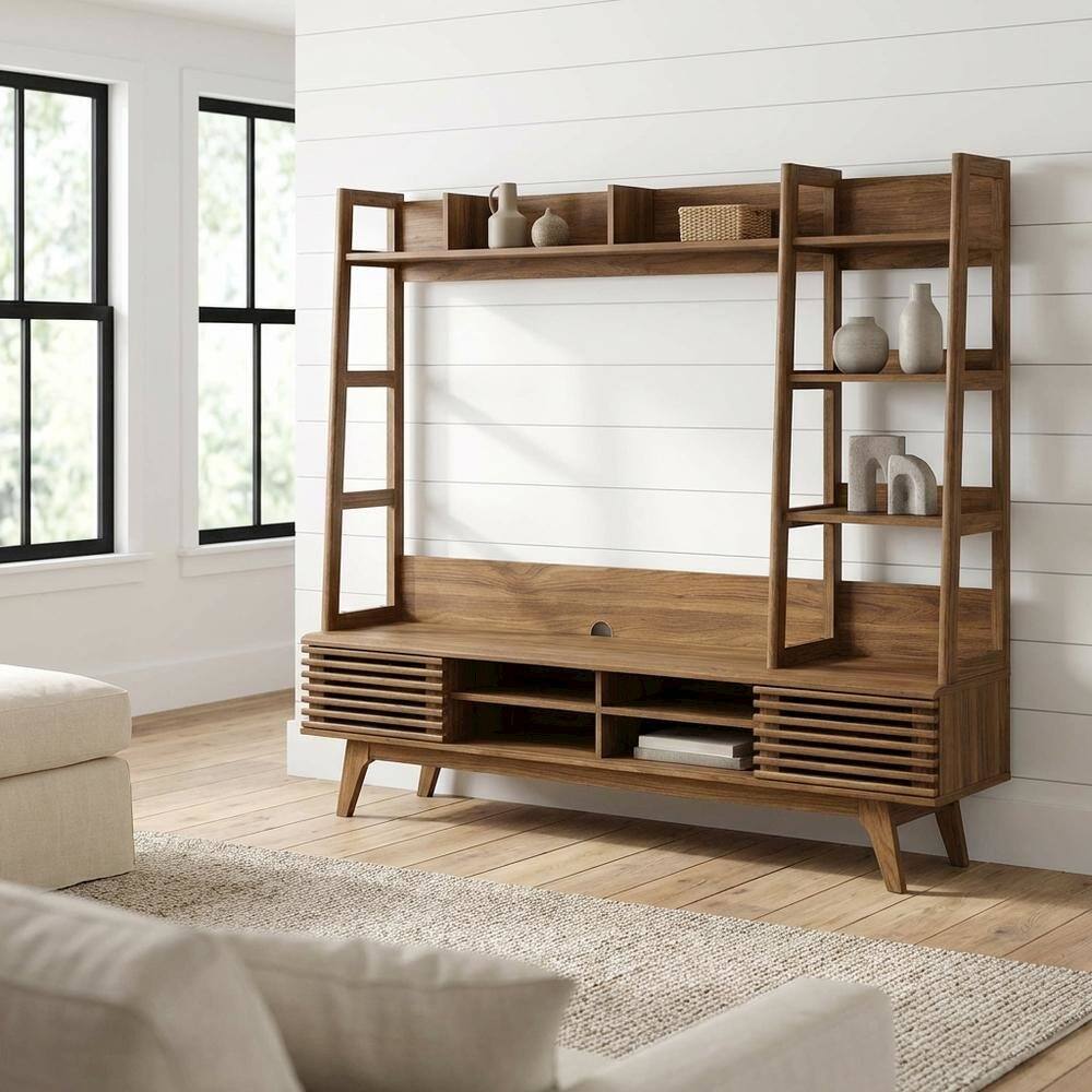 Angle. FurniFact - Brown Wood TV Stand Entertainment Center with Spacious Surface - Brown.
