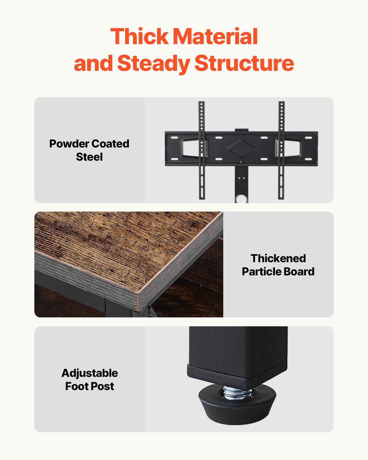 Thick Material and Steady Structure

- Powder Coated Steel
- Thickened Particle Board
- Adjustable Foot Post