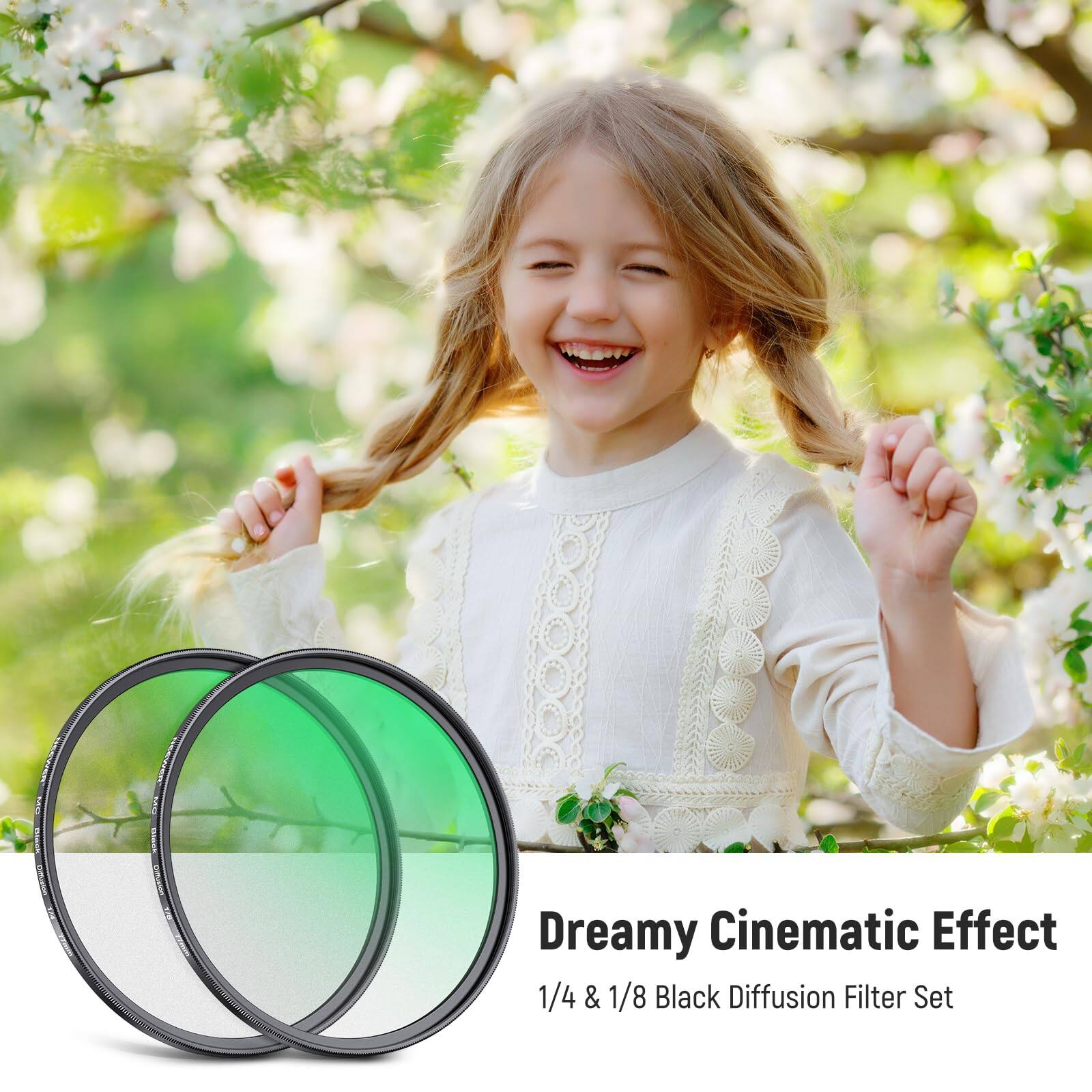 Dreamy Cinematic Effect  
1/4 & 1/8 Black Diffusion Filter Set