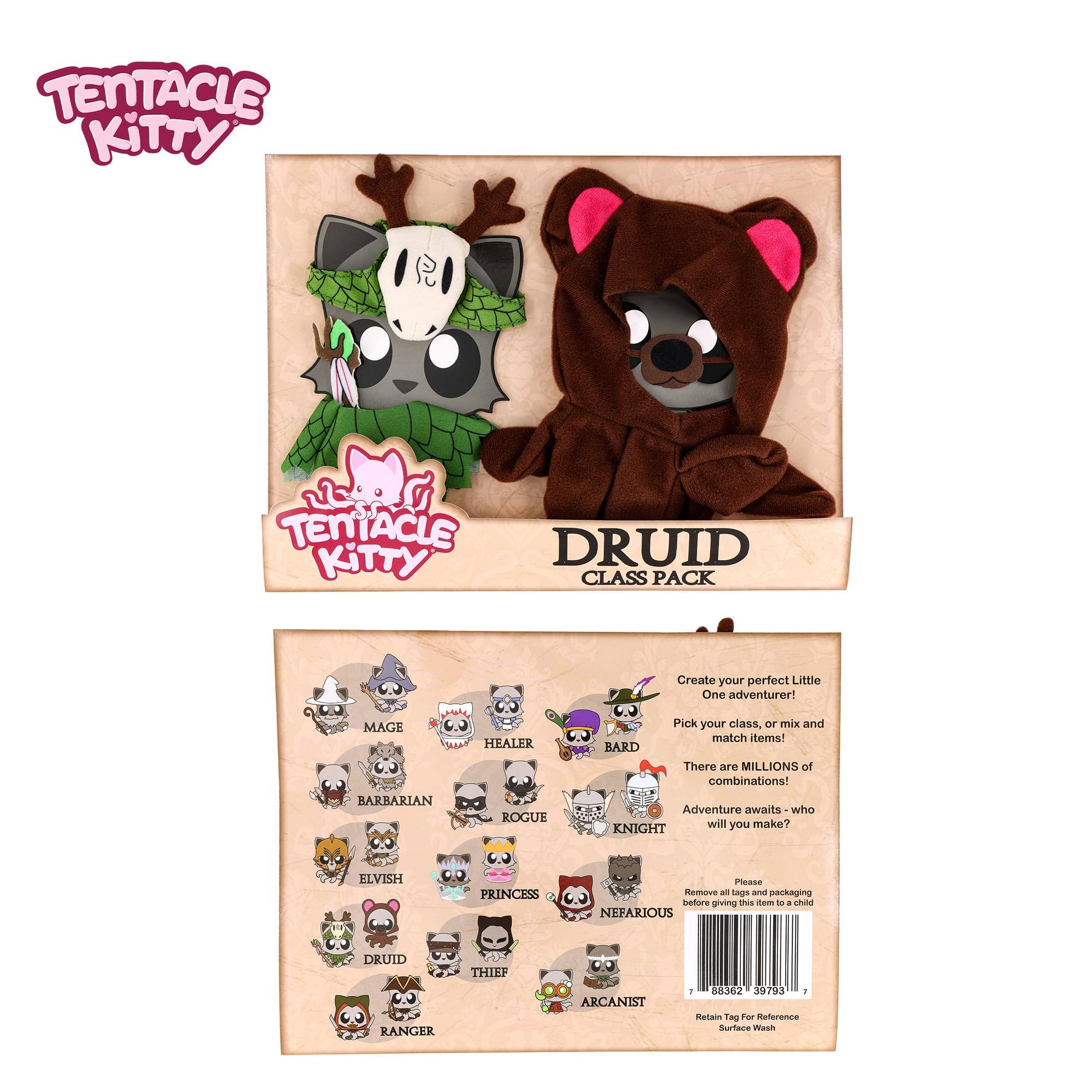 TENTACLE KITTY  
TENTACLE DRUID KITTY CLASS PACK  

Create your perfect Little One adventurer!  
MAGE - BARBARIAN HEALER ROGUE  
Pick your class, or mix and match items!  
BARD  
There are MILLIONS of combinations!  
Adventure awaits - who will you make?  

ELVISH PRINCESS  

Please remove all tags and packaging before giving to a child.  

NEFARIOUS DRUID RANGER THIEF ARCANIST  

362 39795  

Retain Tag For Reference  
Surface Wash