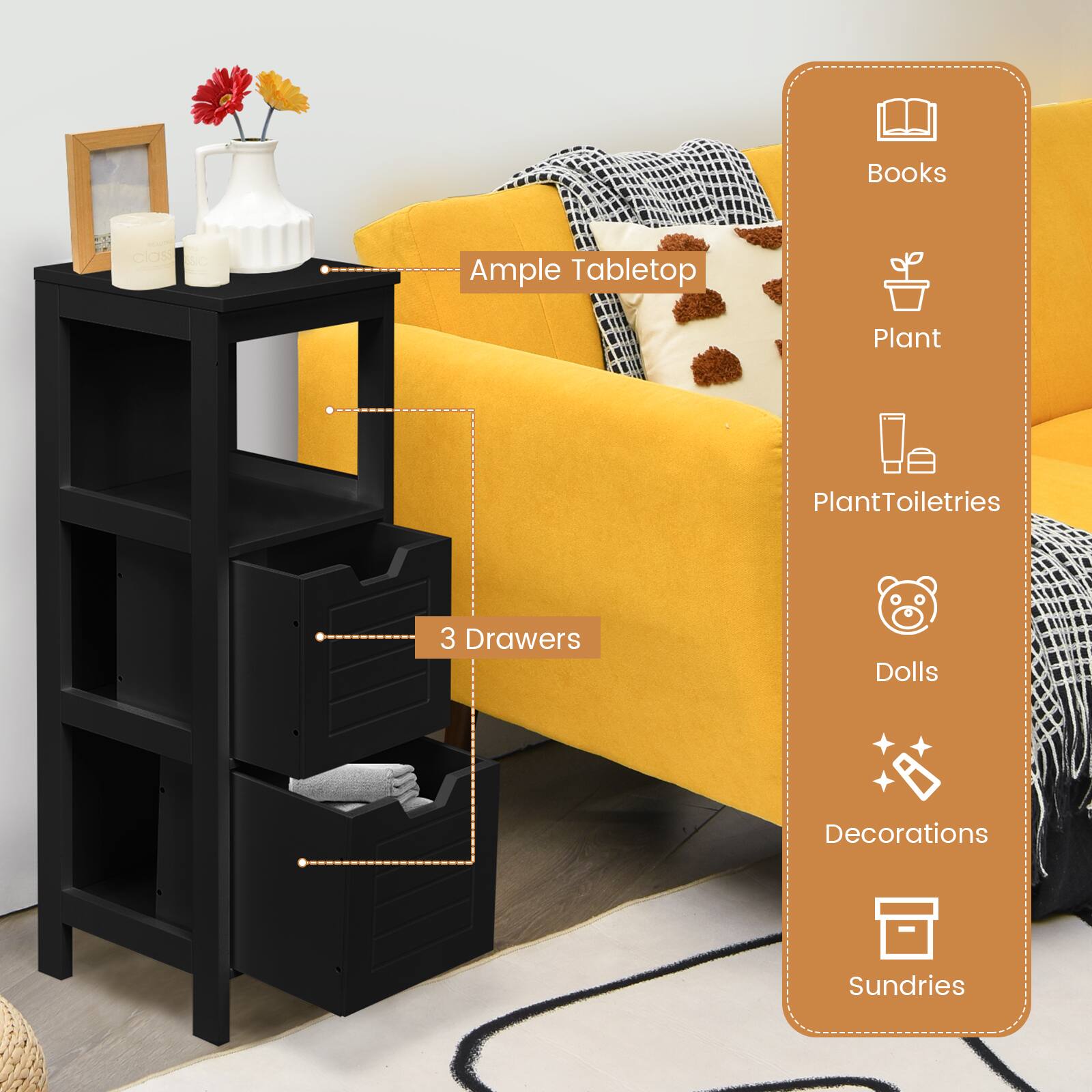 Ample Tabletop, 3 Drawers, Books, Plant, Plant Toiletries, Dolls, Decorations, Sundries