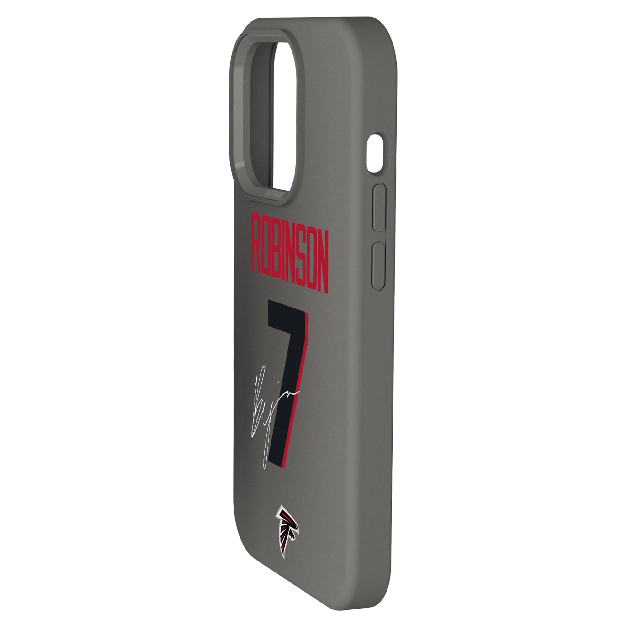 Alt View 1. Keyscaper - Bijan Robinson Gray Atlanta Falcons Ready Soft Touch iPhone Case - 15 - Gray.