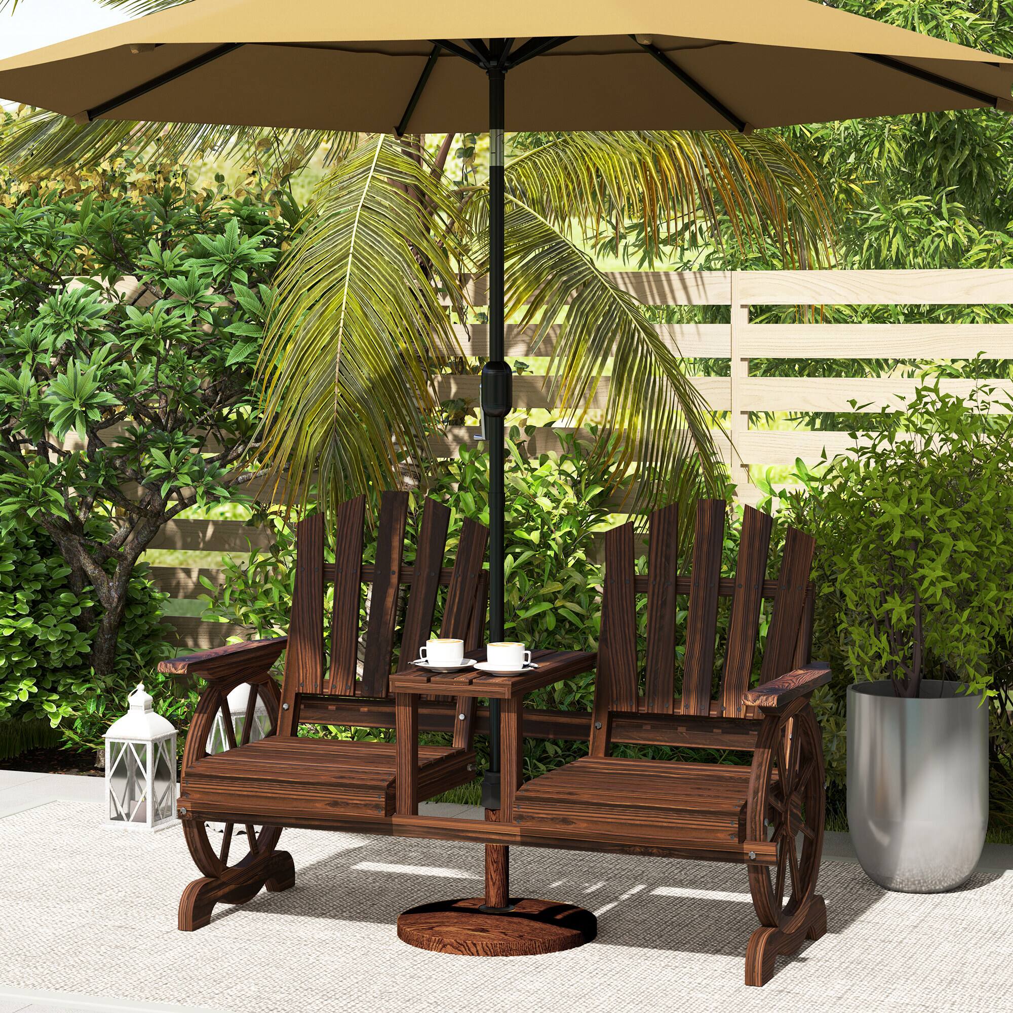 Alt View 8. Outsunny - Wooden Garden Bench with Table, Umbrella Hole, 2-Seat Wagon Wheel Outdoor Bench with Slatted Seat, High Backrest - Carbonized.