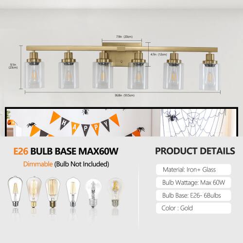 79in (200cm) 47in (120cm) Tin (23cm) 1/3 (93.5cm)  
E26 BULB BASE MAX60W Dimmable (Bulb Not Included)  
PRODUCT DETAILS  
Material: Iron + Glass  
Bulb Wattage: Max 60W  
Bulb Base: E26-6Bulbs  
Color: Gold
