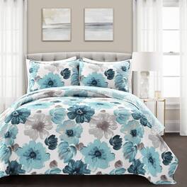 Hivvago - King size Blue Grey Flowers Lightweight Polyester Microfiber Quilt Set - Blue, Grey