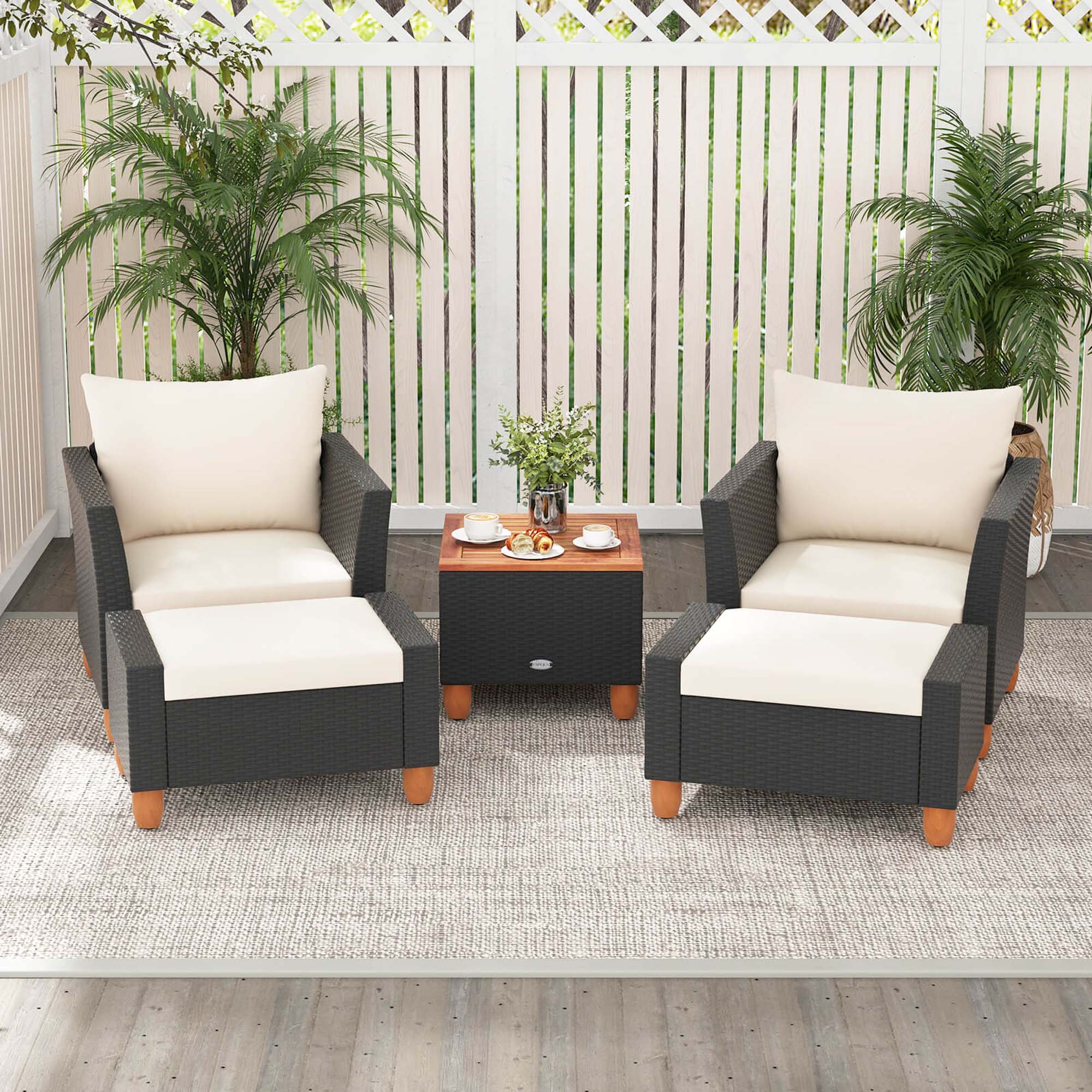 Alt View 1. Costway - 5 PCS Patio Furniture Set with Storage Table Ottomans Soft Pillows & Cushions - Black,White.
