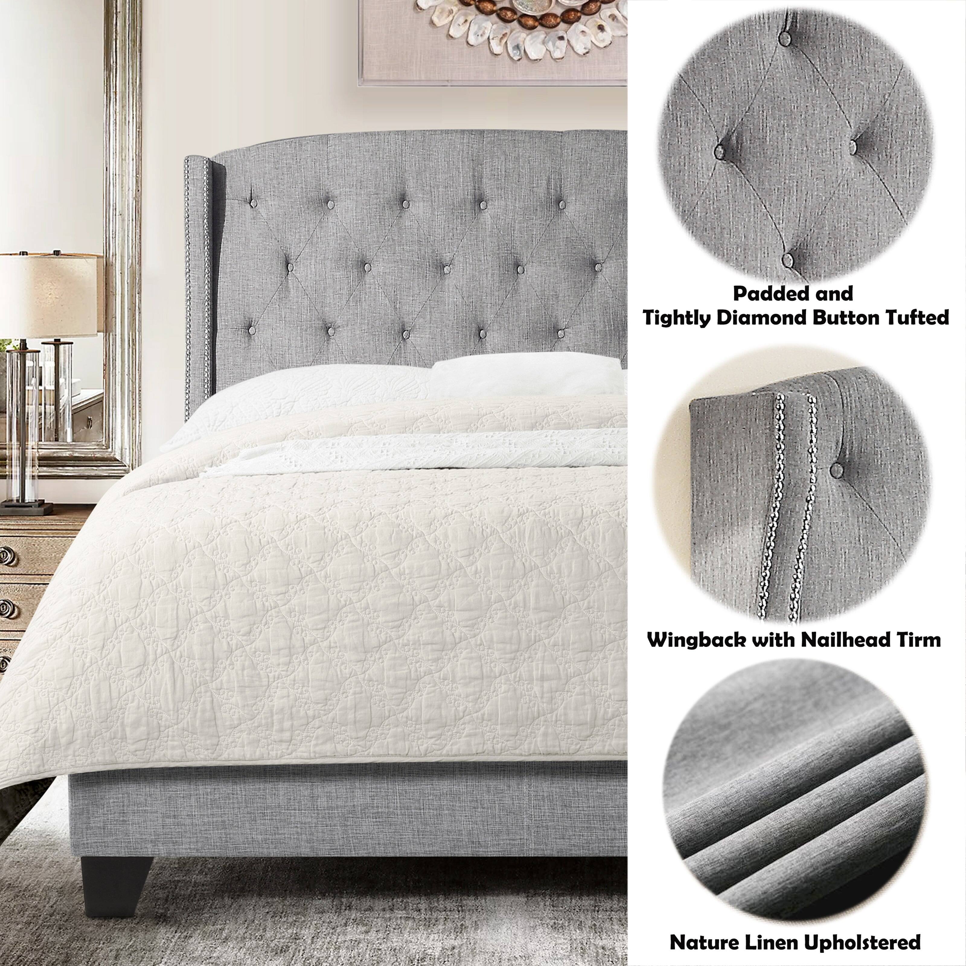 Padded and Tightly Diamond Button Tufted  
Wingback with Nailhead Trim  
Nature Linen Upholstered