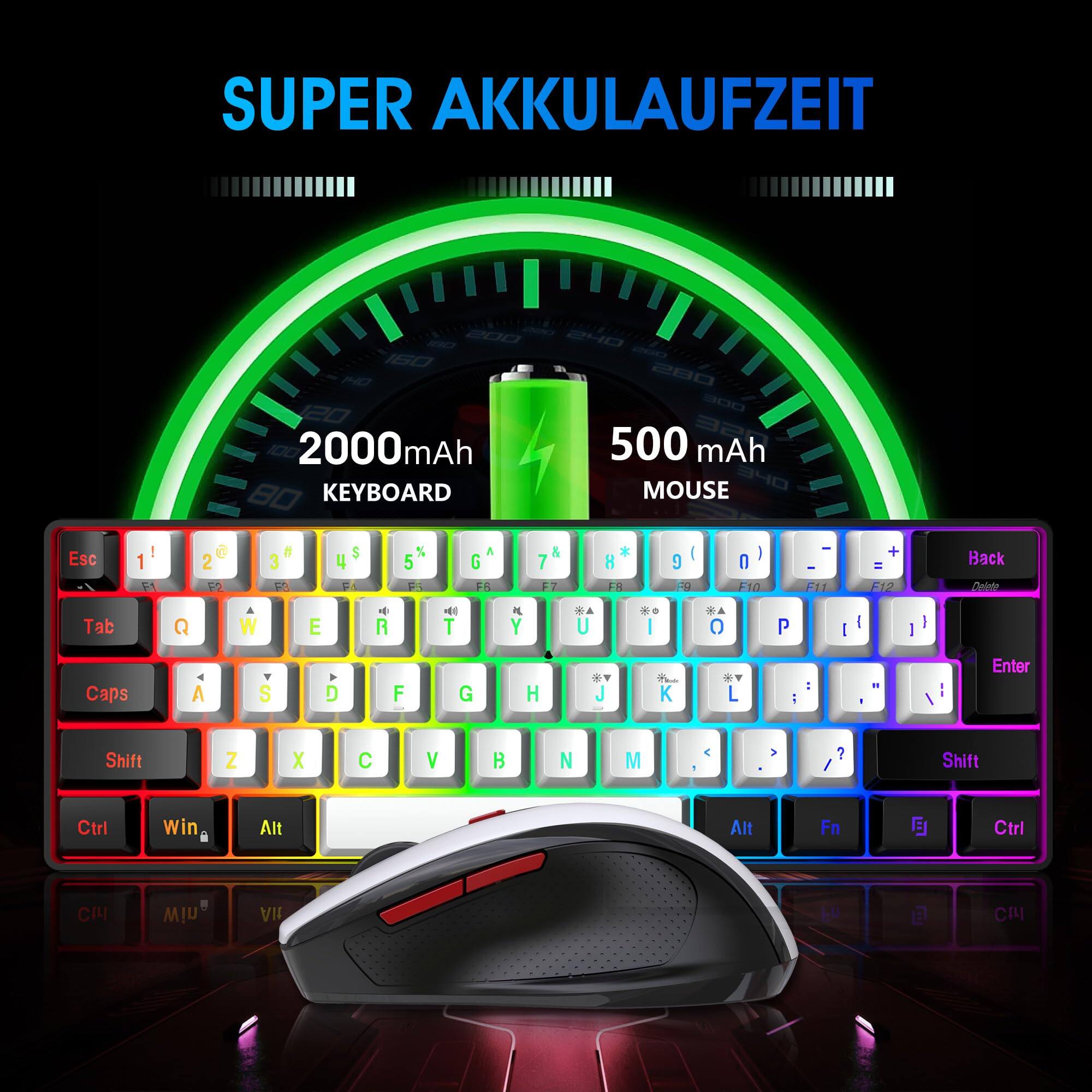 SUPER AKKULAUFZEIT

2000mAh KEYBOARD

500mAh MOUSE

Esc 1 2 3 4 5 6 7 8 9 0 - = Backspace

Tab Q W E R T Y U I O P [ ] \

Caps A S D F G H J K L ; '

Shift Z X C V B N M , . /

Ctrl Win Alt

Ctrl Win Alt Fn
