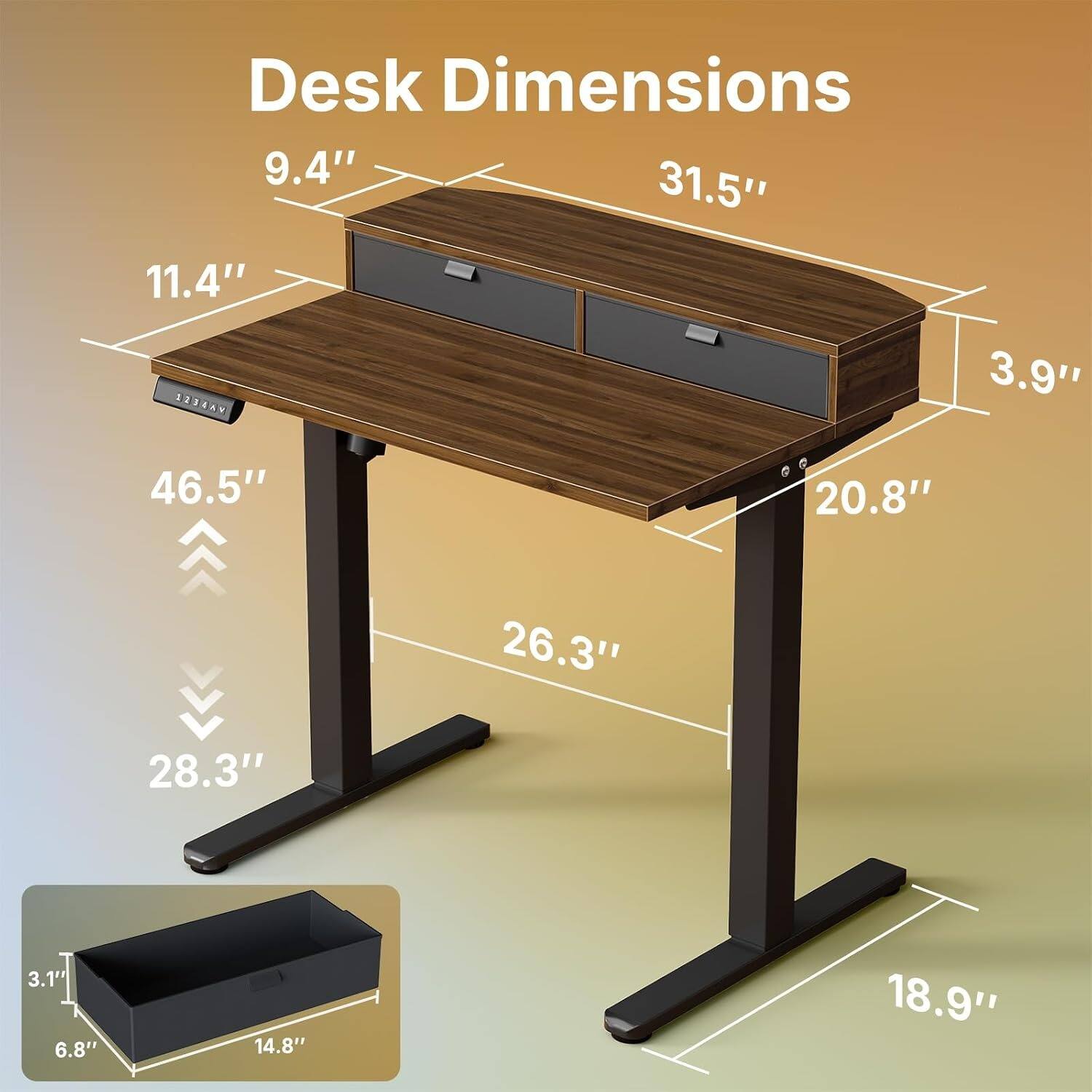Desk Dimensions: 9.4" x 31.5" x 11.4" x 3.9"  
VARERE: 46.5" x 20.8" x 26.3" x 28.3" x 3.1" x 6.8" x 14.8" x 18.9"