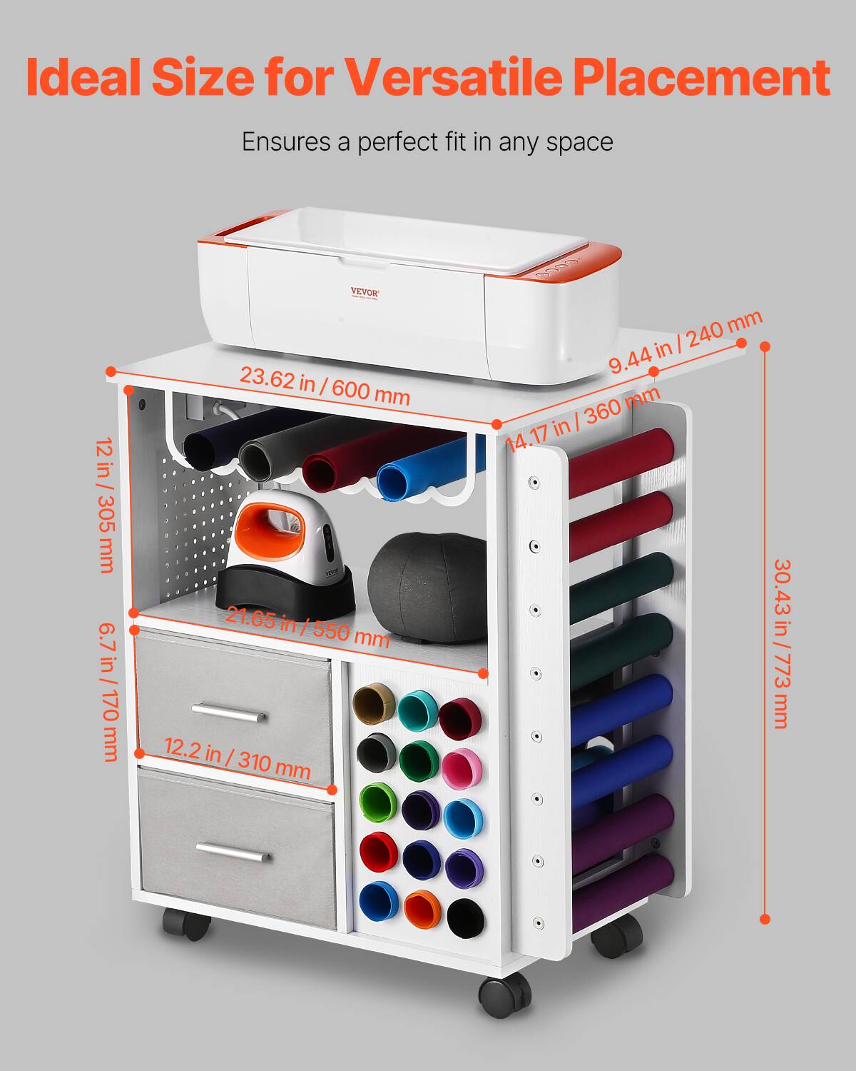 Ideal Size for Versatile Placement  
Ensures a perfect fit in any space  

- 12 in / 305 mm  
- 6.7 in / 170 mm  
- 23.62 in / 600 mm  
- 21.65 in / 550 mm  
- 12.2 in / 310 mm  
- 9.44 in / 240 mm  
- 14.17 in / 360 mm  
- 30.43 in / 773 mm