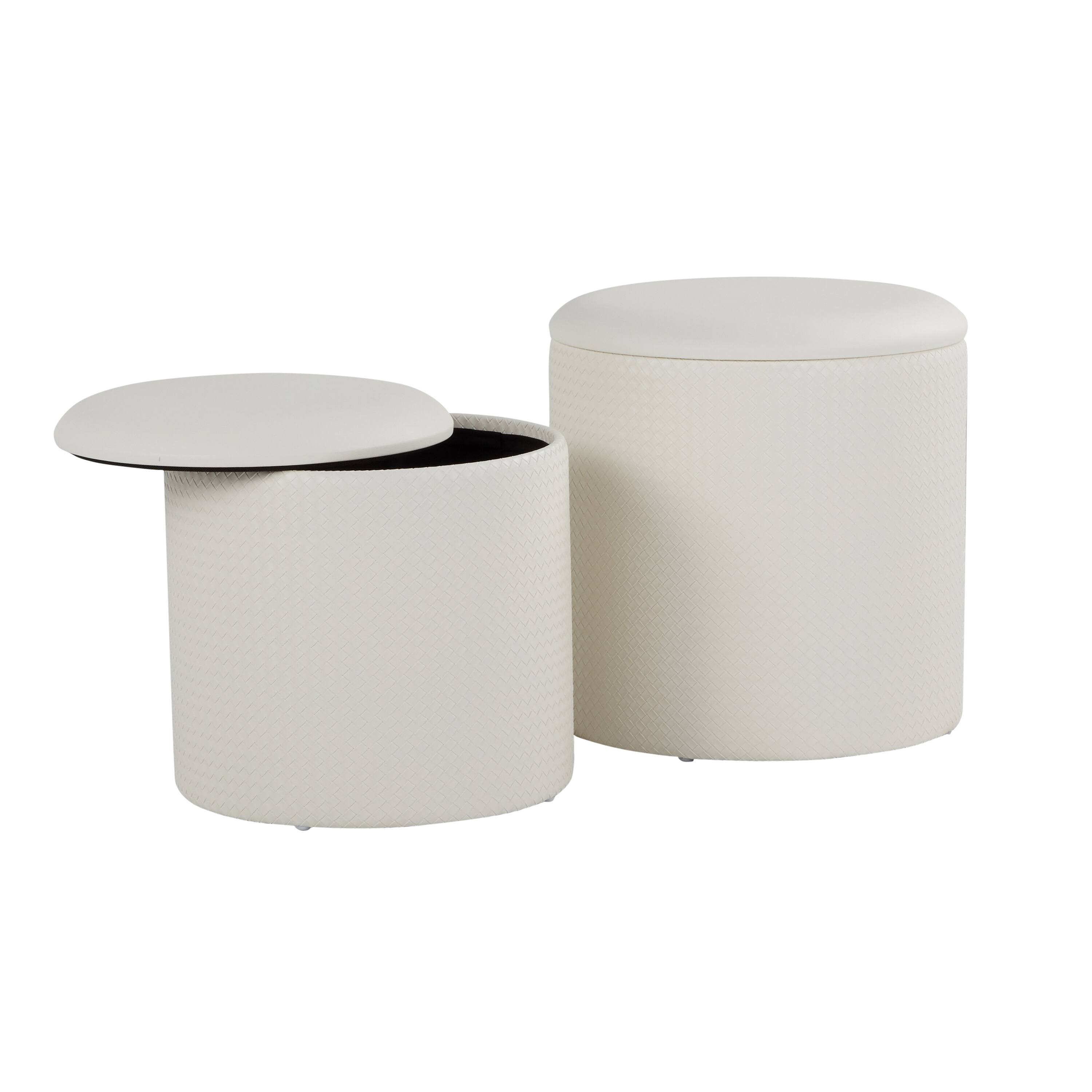 Left. Tiramisubest - Maverick Contemporary Nesting Ottoman Set in Cream Faux Leather with Textured Accent by LumiSource - White.