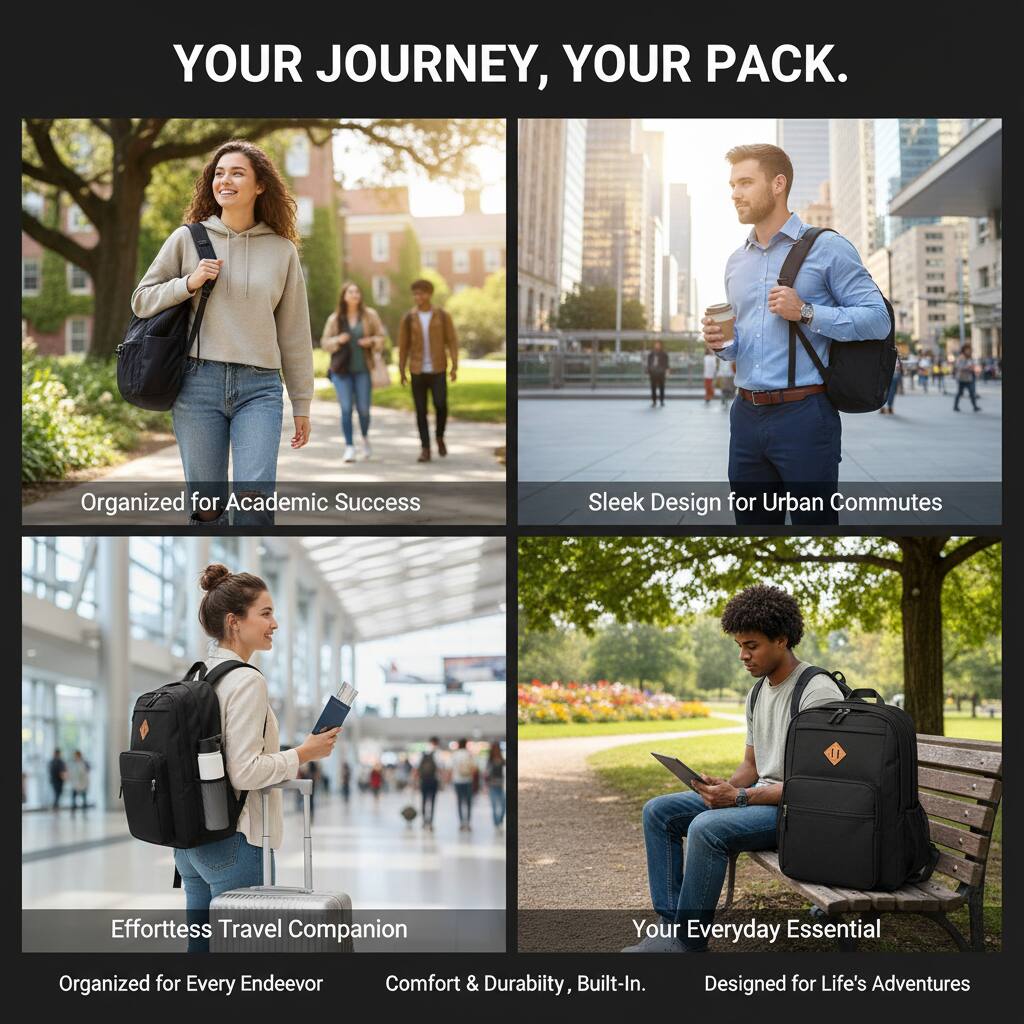 YOUR JOURNEY, YOUR PACK.

Organized for Academic Success  
Sleek Design for Urban Commutes  
Effortless Travel Companion  
Your Everyday Essential  

Organized for Every Endeavor  
Comfort & Durability, Built-In.  
Designed for Life's Adventures