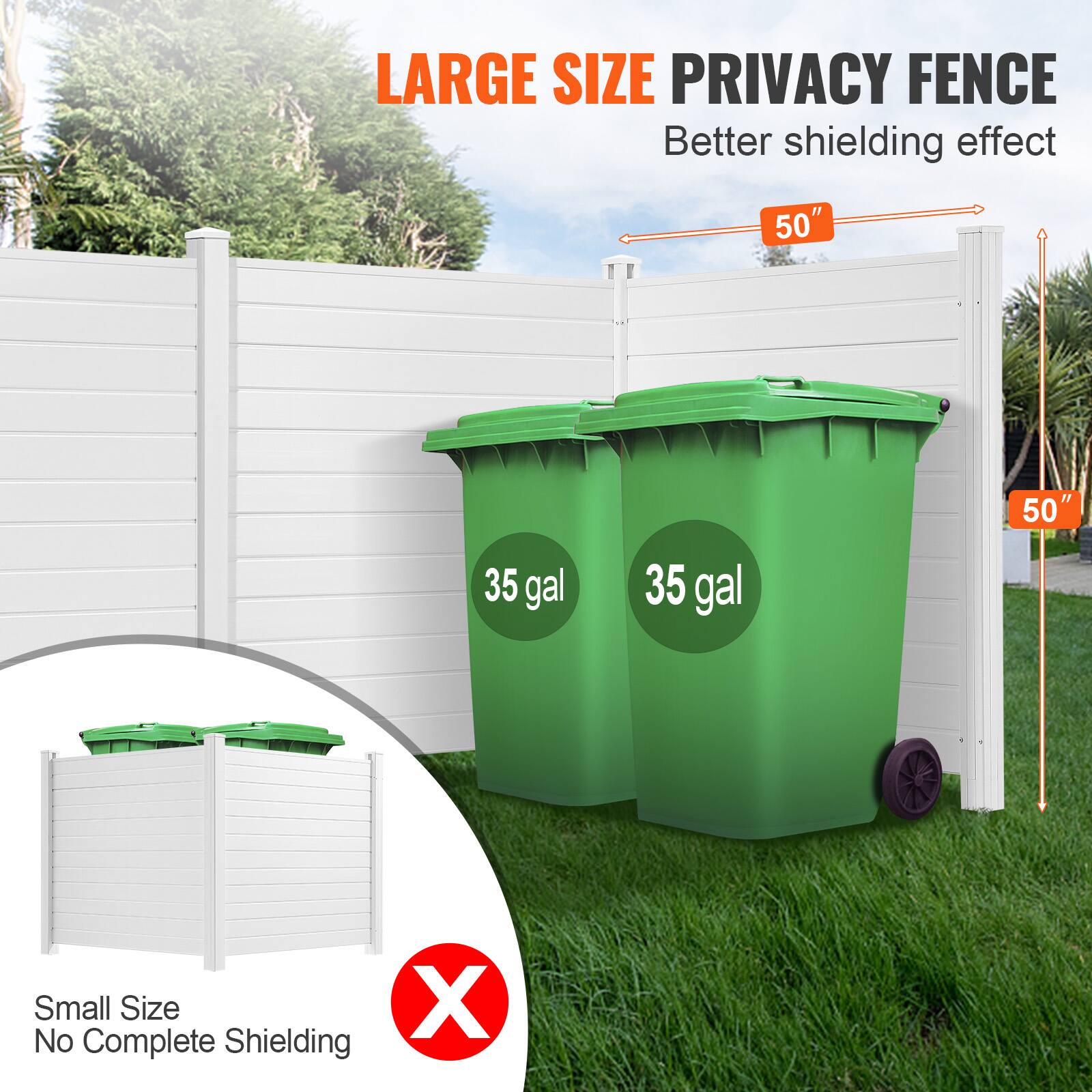 LARGE SIZE PRIVACY FENCE Better shielding effect 50" 35 gal 35 gal 50" Small Size No Complete Shielding