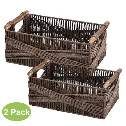 Front. Garnen - Storage Baskets for Shelves with Handle, Storage Basket for Home, 13" & 15" Hand-Woven Rectangular Wicker Basket, Brown - Brown.