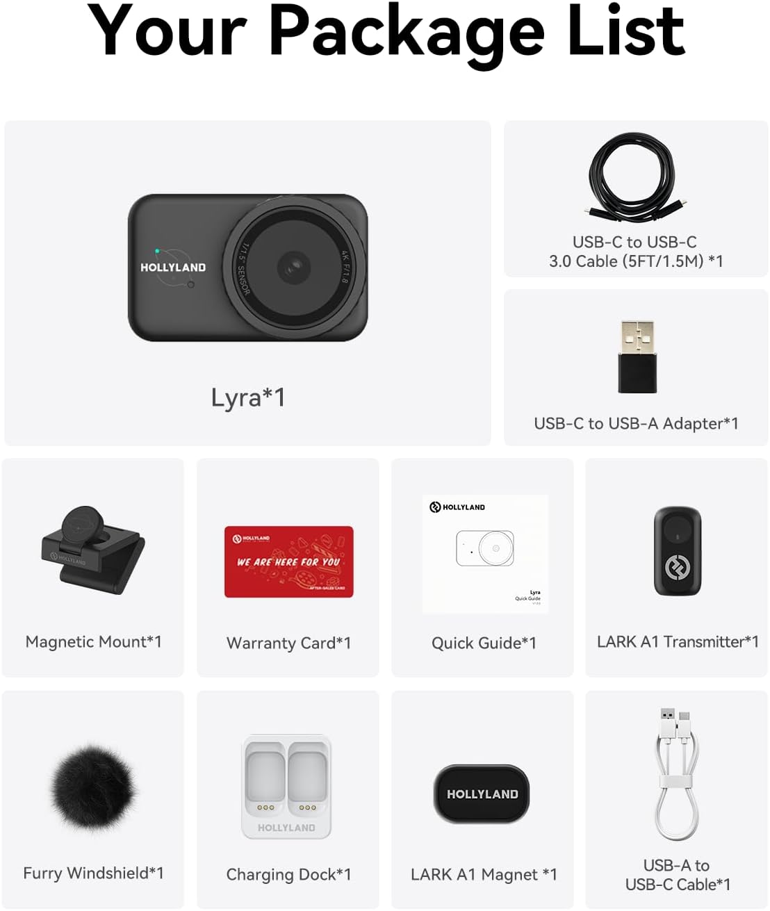 Your Package List

- HOLLYLAND SI SENSOR
- F/1.8 USB-C to USB-C 3.0 Cable (5FT/1.5M) *1
- Lyra*1
- USB-C to USB-A Adapter*1
- HOLLYLAND MLLLLM
- Magnetic Mount*1
- Warranty Card*1
- Quick Guide*1
- LARK A1 Transmitter*1
- Furry Windshield*1
- Charging Dock*1
- LARK A1 Magnet *1
- USB-A to USB-C Cable*1