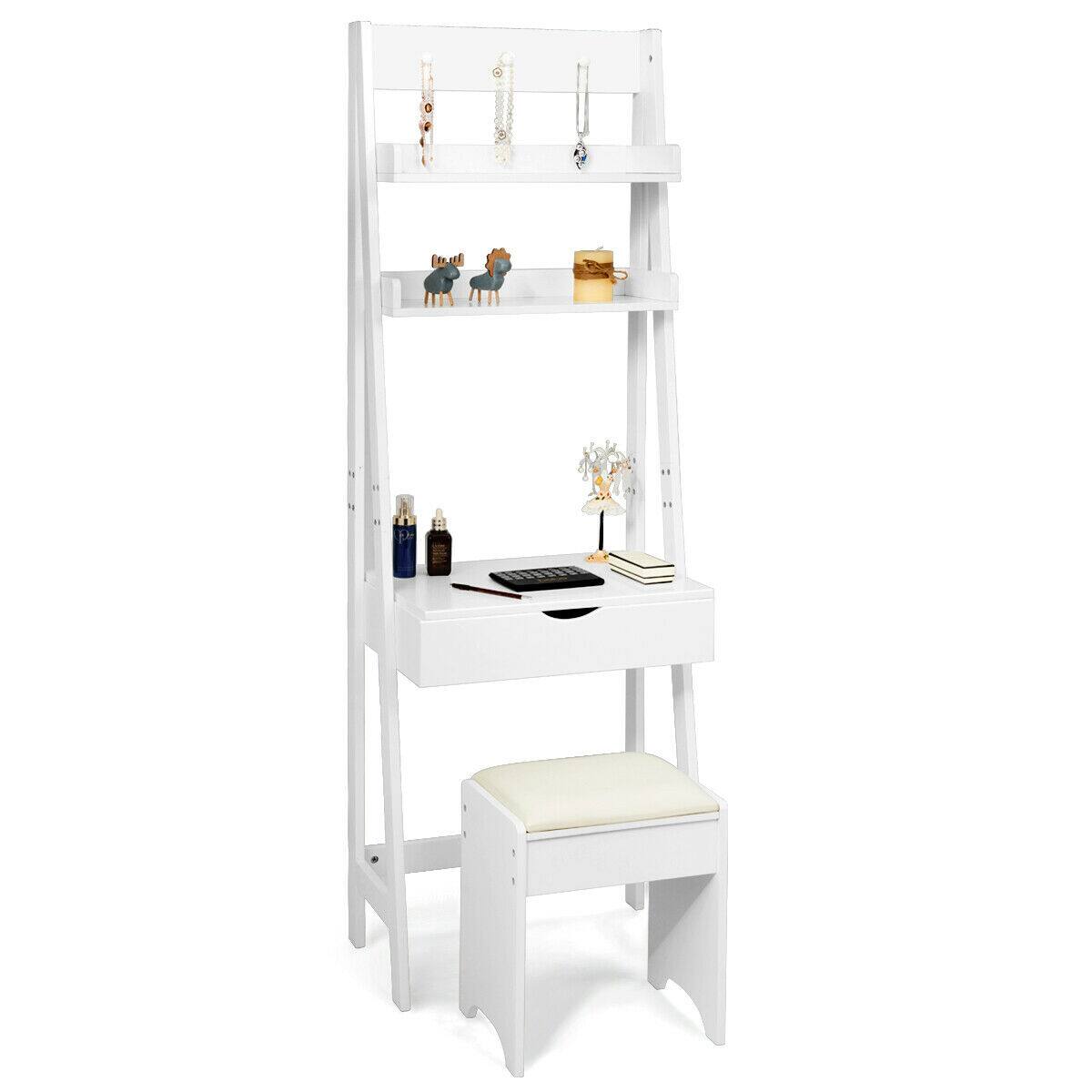 Alt View 3. Gymax - Gymax Vanity Set Makeup Dressing Table w/Flip Top Mirror Hooks Shelves - White.