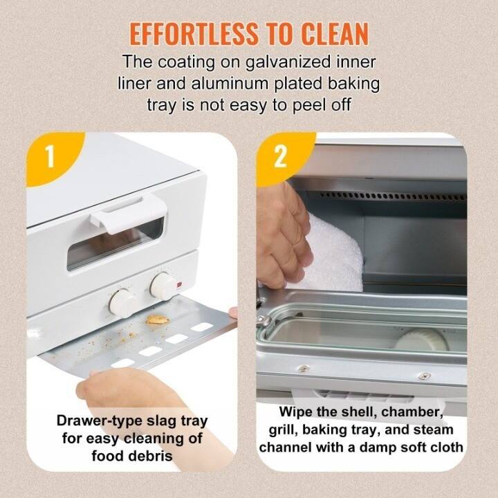**EFFORTLESS TO CLEAN**

The coating on galvanized inner liner and aluminum plated baking tray is not easy to peel off

1. Drawer-type slag tray for easy cleaning of food debris

2. Wipe the shell, chamber, grill, baking tray, and steam channel with a damp soft cloth